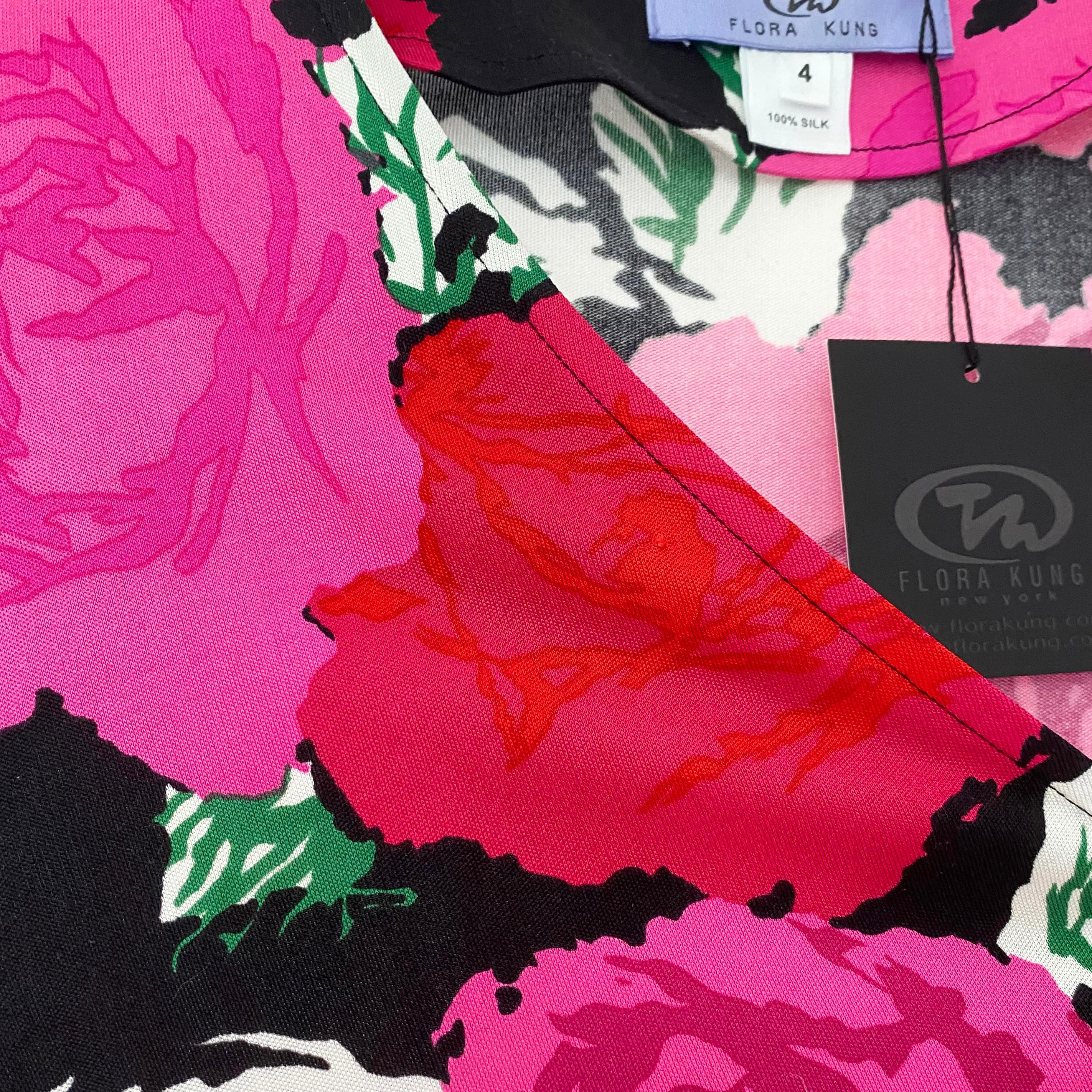 Black Flora Kung Rose Print Kimono Wrap Silk Dress - NWT For Sale