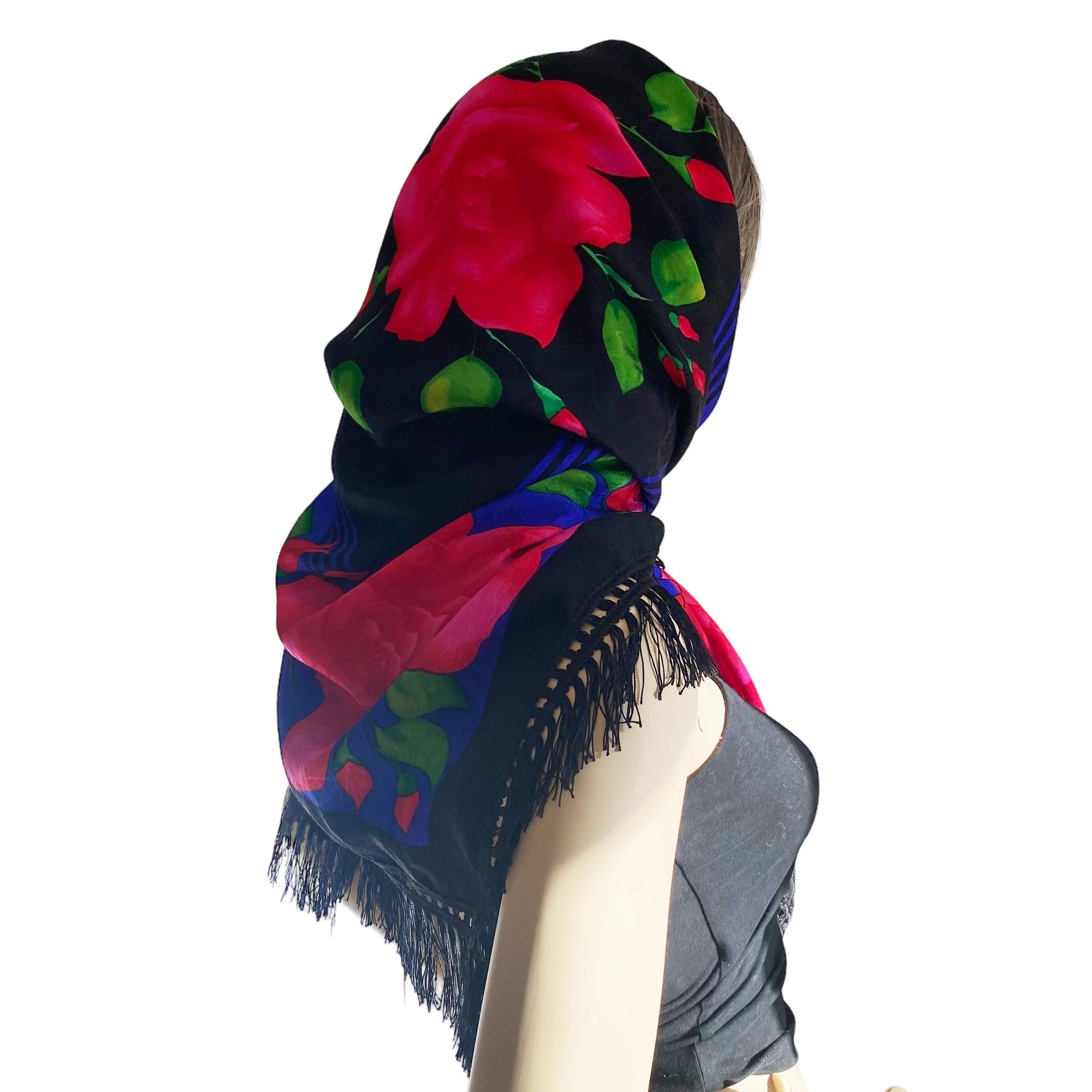 VINTAGE FLORA KUNG SILK SHAWL SCARF
Circa: 1986
Material: FLORA KUNG exclusive weaved 100% Silk Jacquard. 
Copyright Pattern: Climbing Roses, Black 
Condition: NEW
Size: 38” x 38