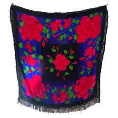 Retro Flora Kung silk jacquard floral roses pink red black scarf piano shawl 