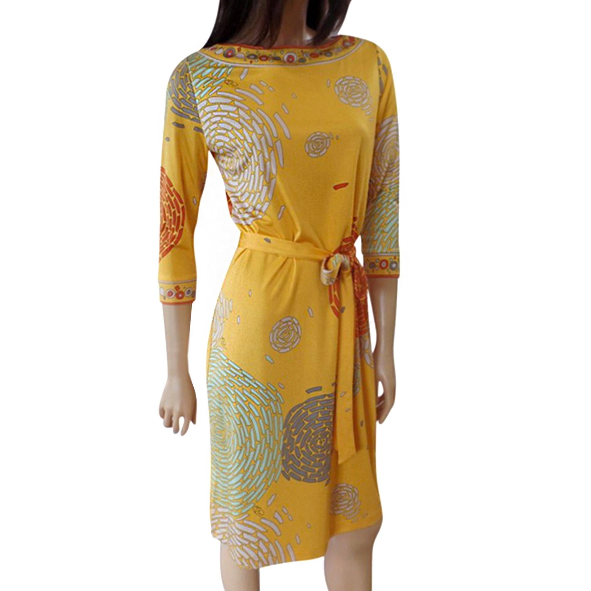 Flora Kung Mimosa Yellow Silk Jersey Mix Print Dress NWT In New Condition In Boston, MA