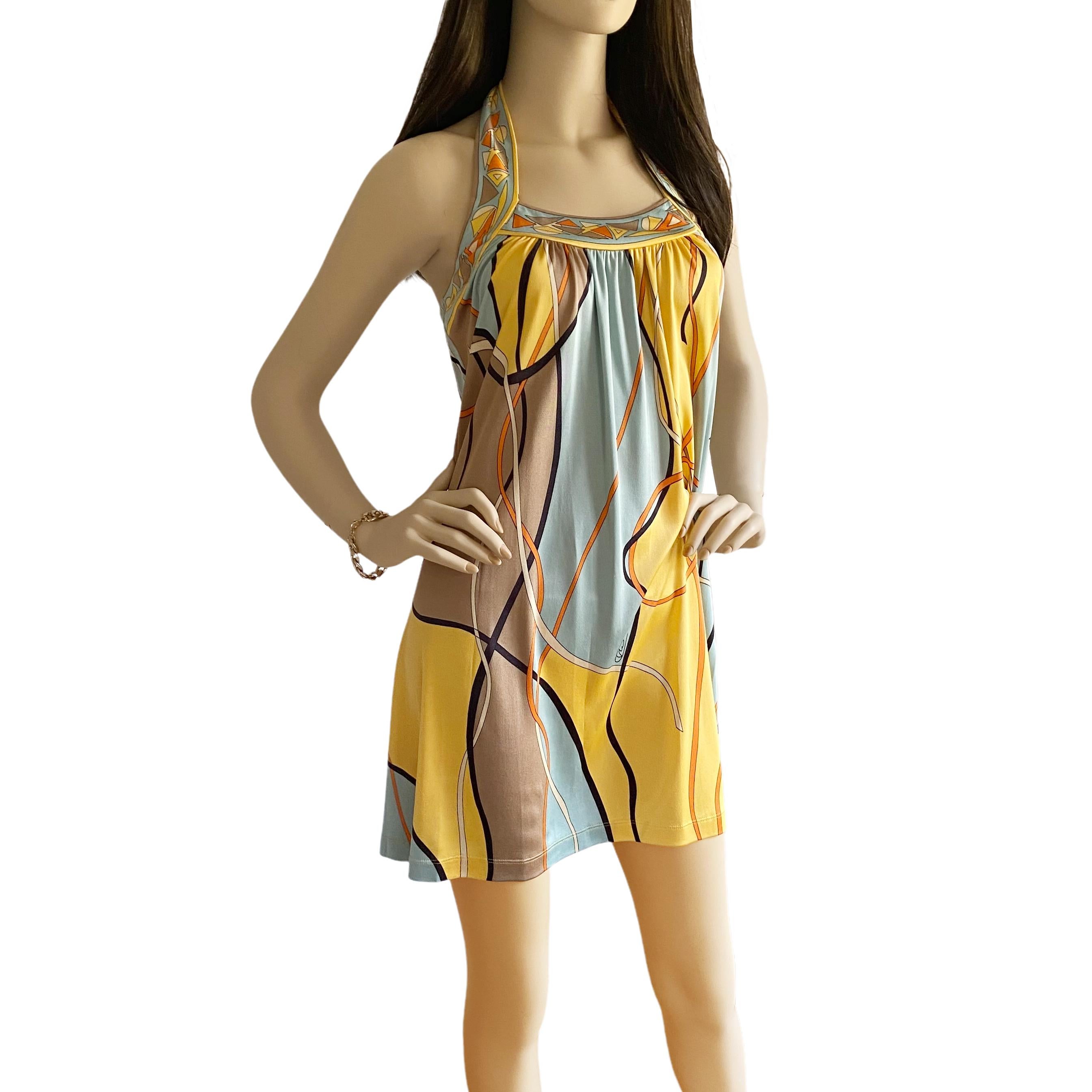 Yellow twin print mini halter silk jersey dress - NWT Flora Kung In New Condition For Sale In Boston, MA