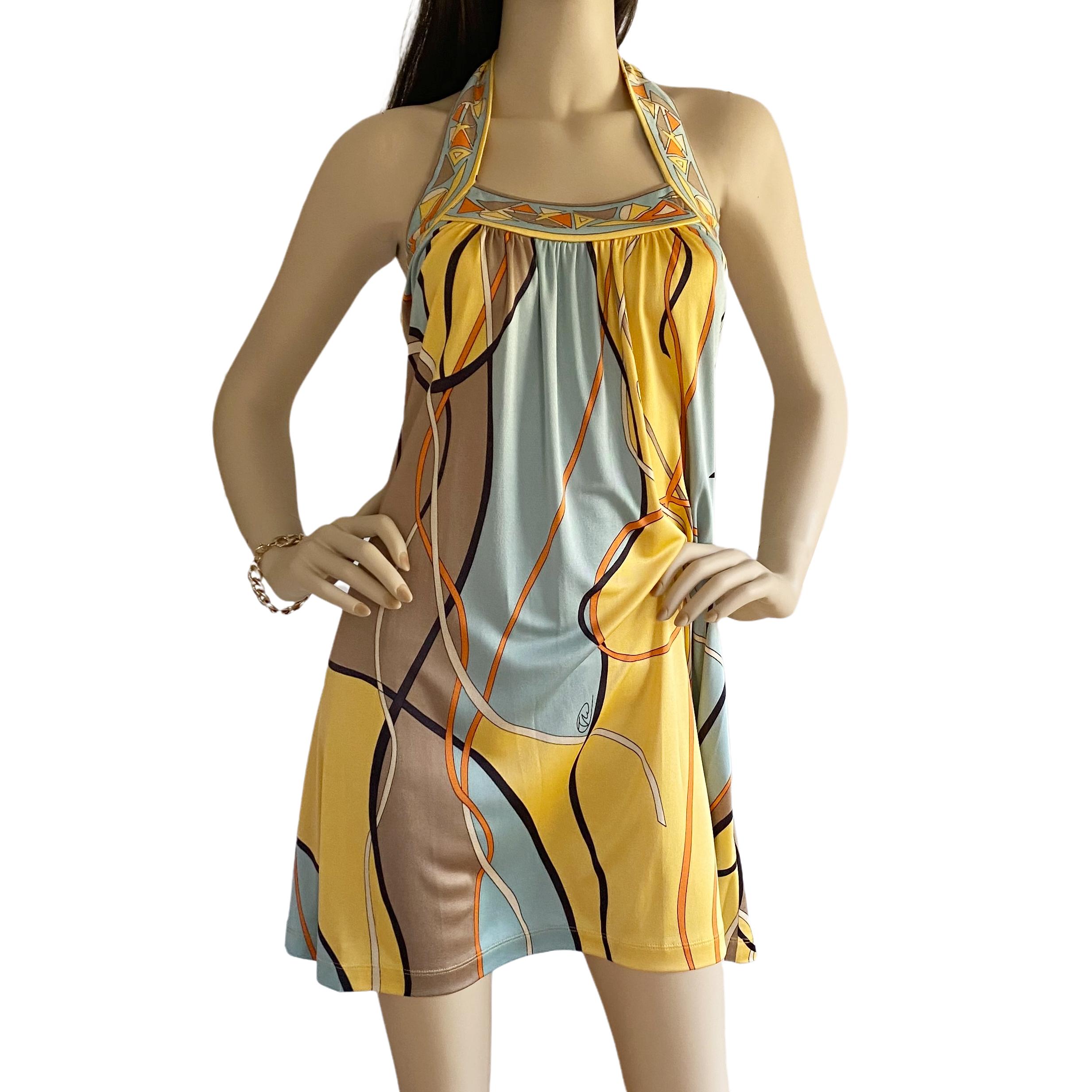 Women's Yellow twin print mini halter silk jersey dress - NWT Flora Kung For Sale