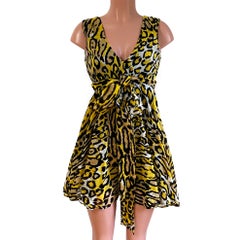 Yellow Black FLORA KUNG Plunge V Silk Georgette Mini Dress NWT