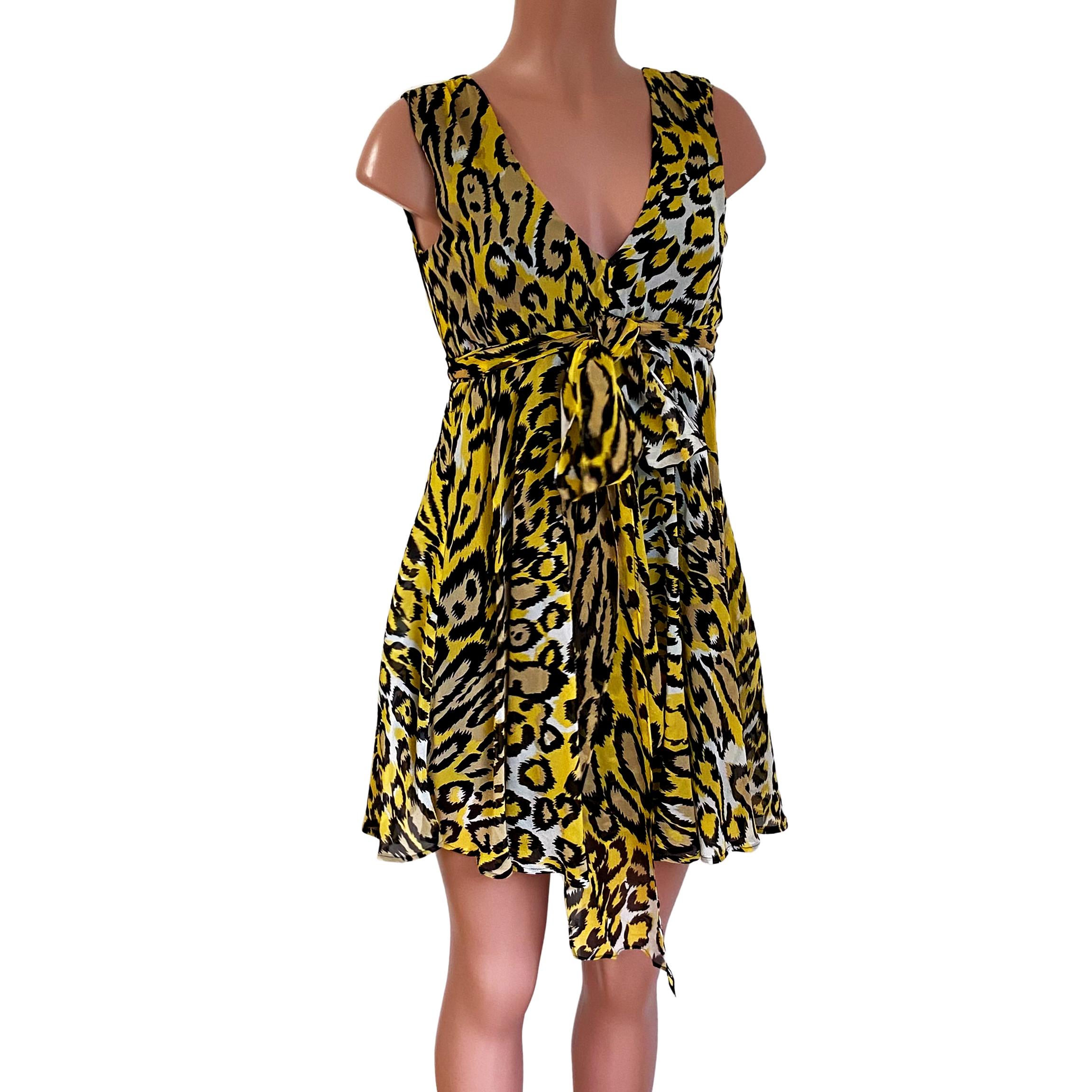 Yellow Black FLORA KUNG Plunge V Silk Georgette Mini Dress NWT In New Condition For Sale In Boston, MA