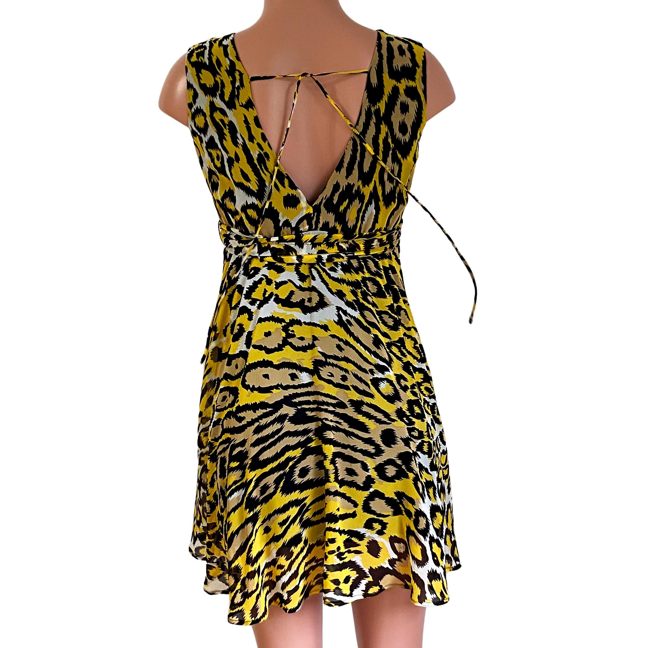 Yellow Black FLORA KUNG Plunge V Silk Georgette Mini Dress NWT For Sale 2