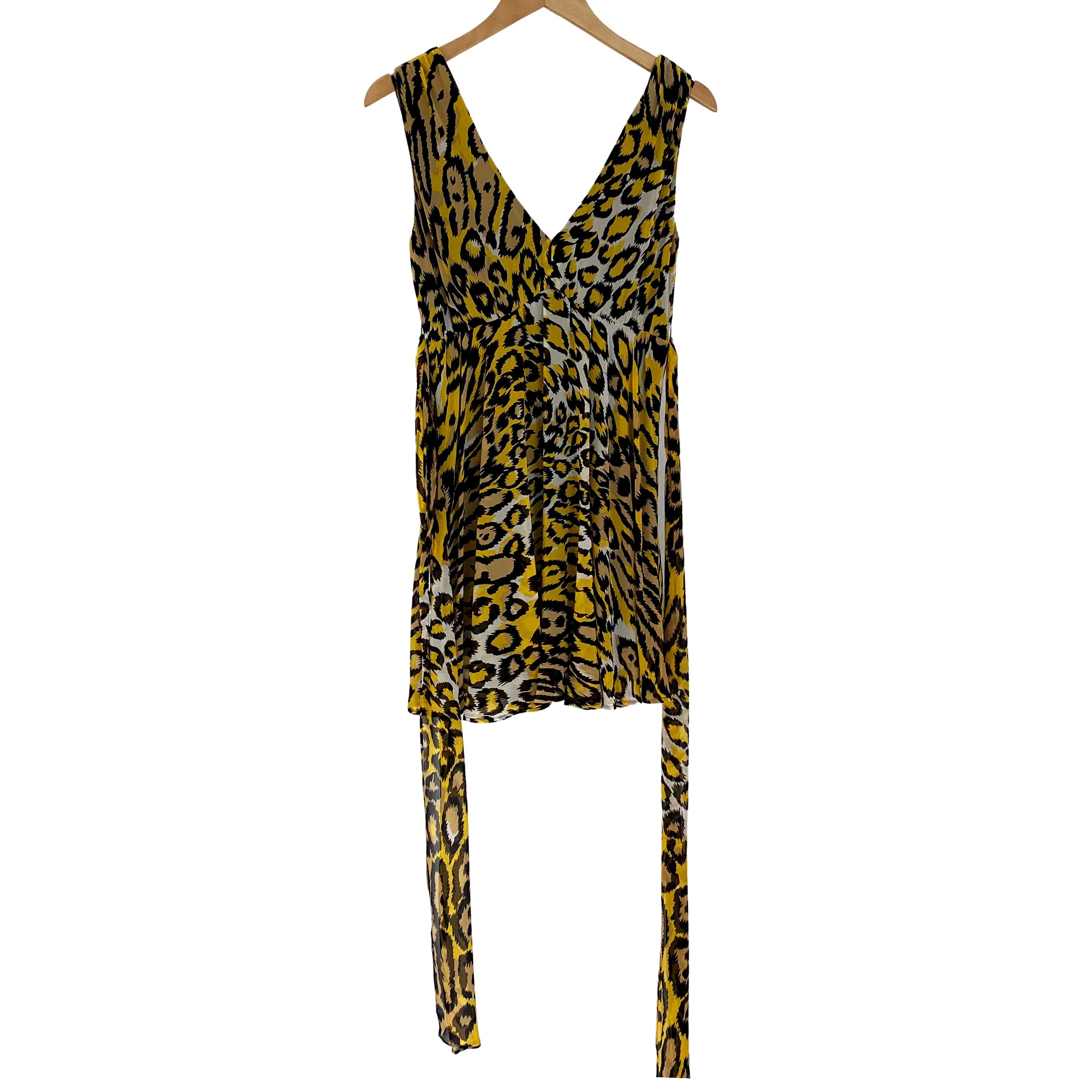Gelbes Georgette-Seidenkleid von Kung TIFF mit Gepardenmuster, neu mit Etikett im Angebot 3