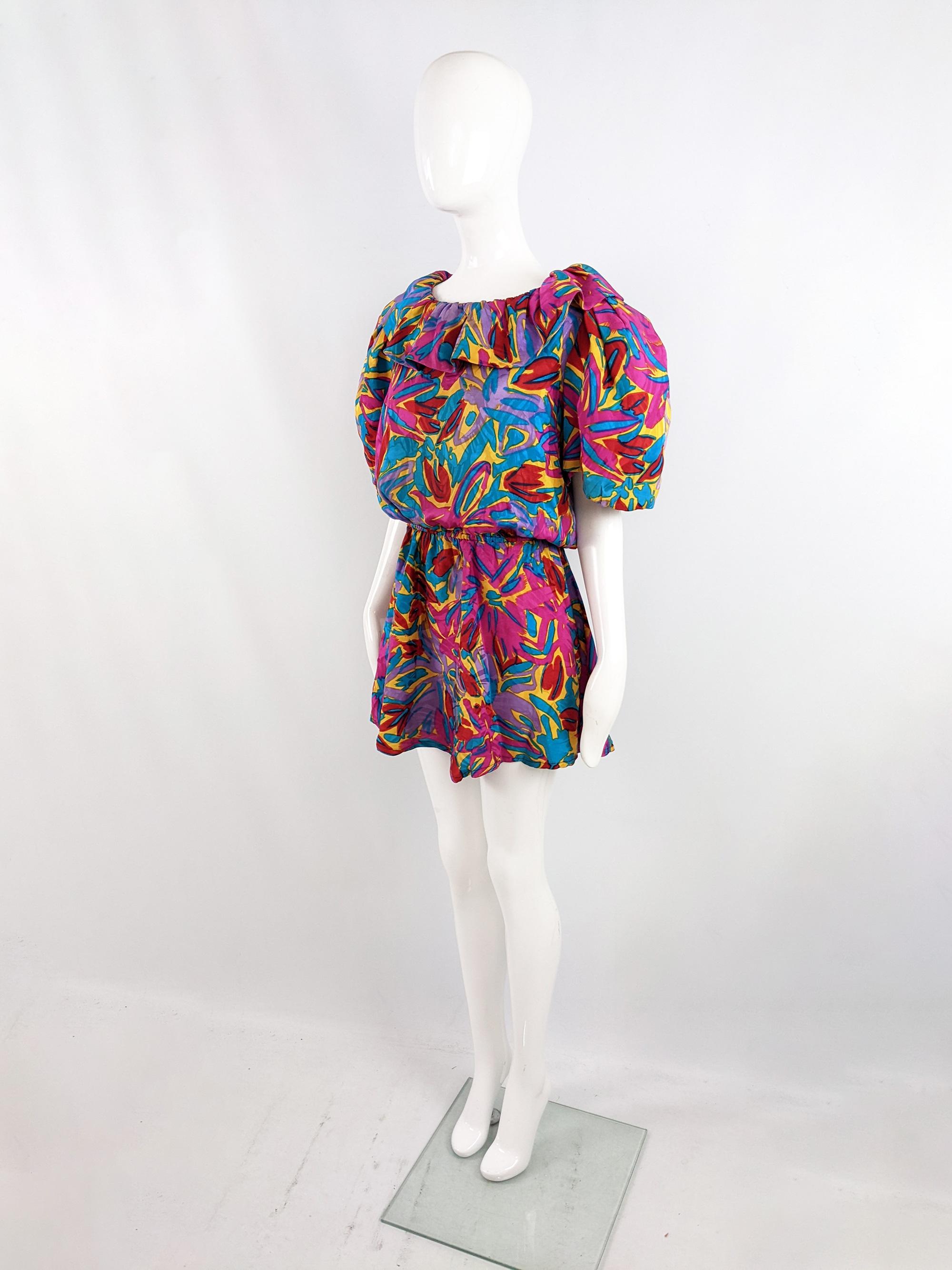 Pink Flora Kung Vintage 1980s Multicoloured Silk Puff Sleeve Blouson Fit Mini Dress For Sale