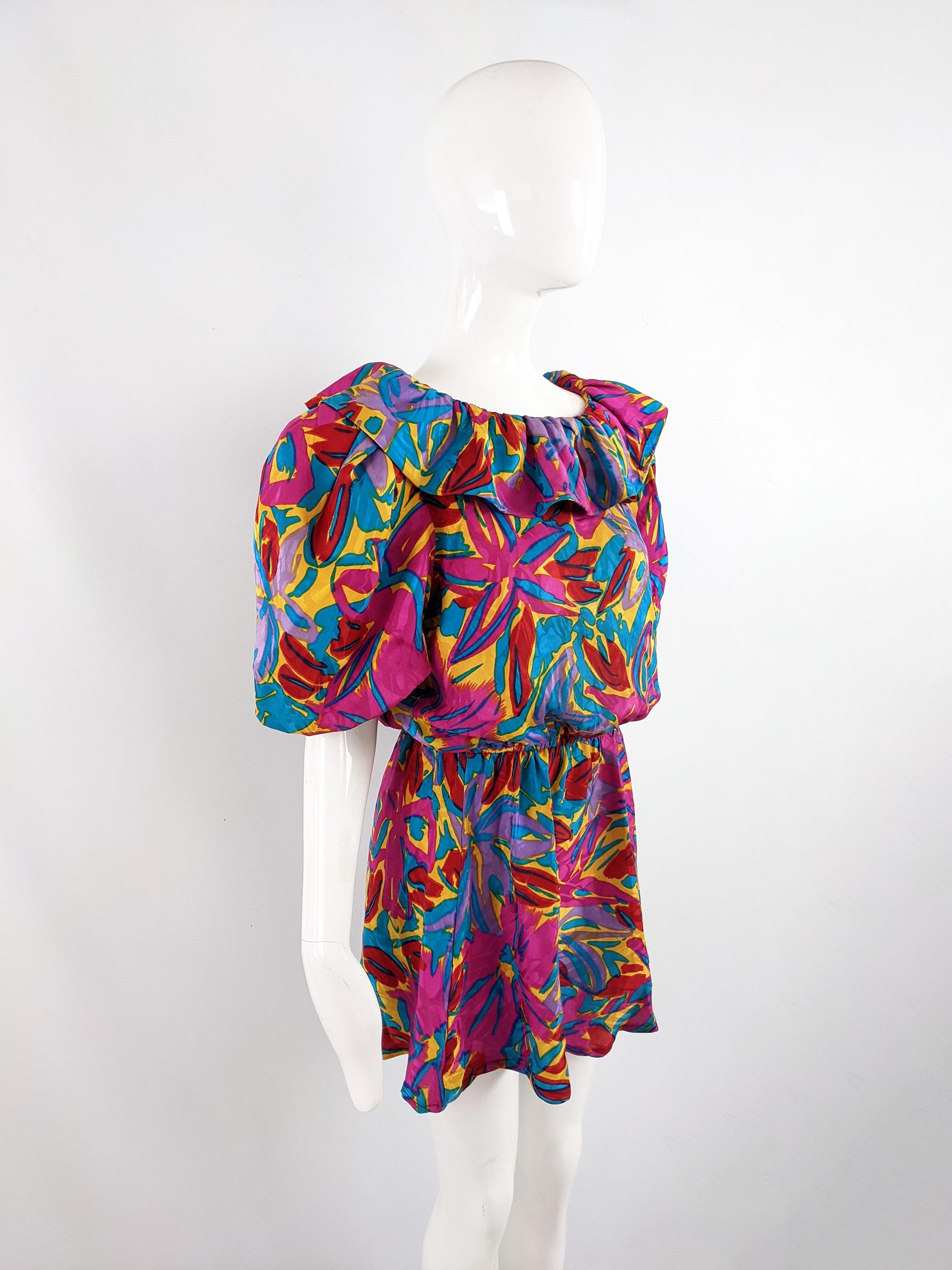 Flora Kung Vintage 1980s Multicoloured Silk Puff Sleeve Blouson Fit Mini Dress In Excellent Condition For Sale In Doncaster, South Yorkshire