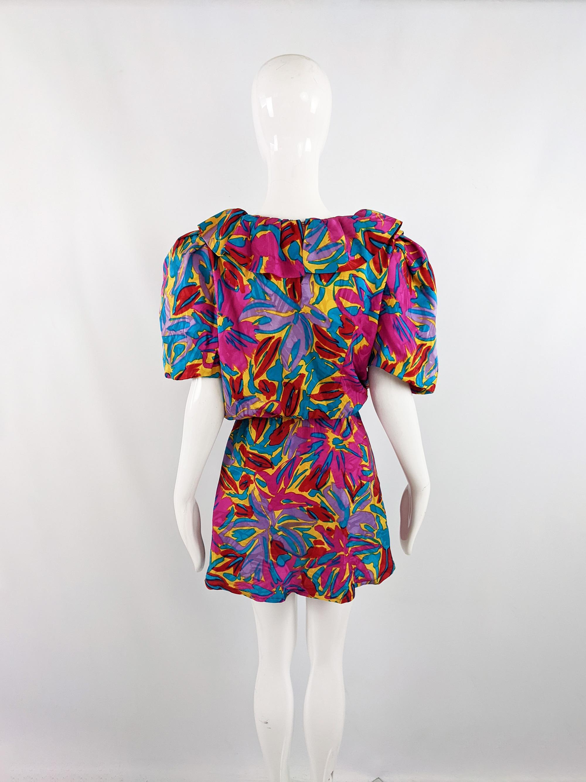 Women's Flora Kung Vintage 1980s Multicoloured Silk Puff Sleeve Blouson Fit Mini Dress For Sale