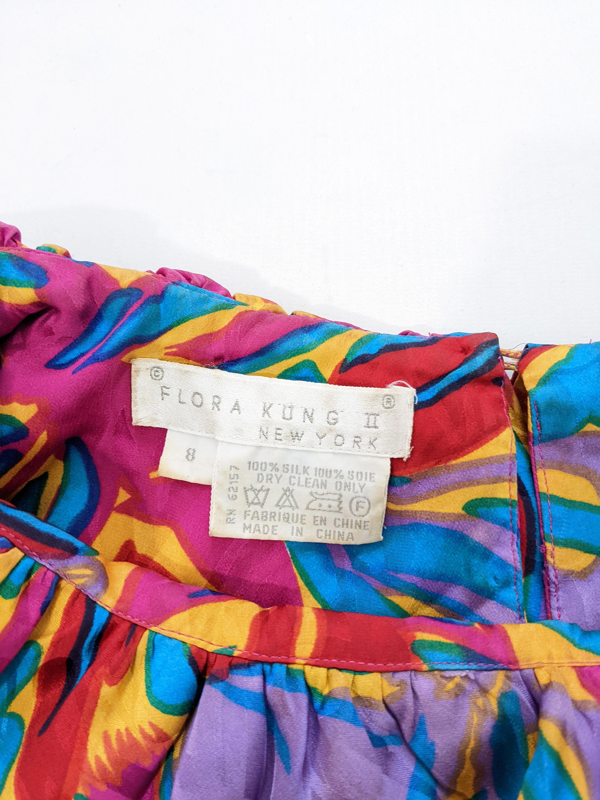 Flora Kung Vintage 1980s Multicoloured Silk Puff Sleeve Blouson Fit Mini Dress For Sale 1