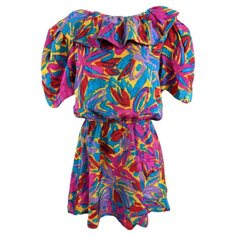 Flora Kung Vintage 1980s Multicoloured Silk Puff Sleeve Blouson Fit Mini Dress For Sale