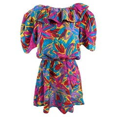 Flora Kung Vintage 1980s Multicoloured Silk Puff Sleeve Blouson Fit Mini Dress