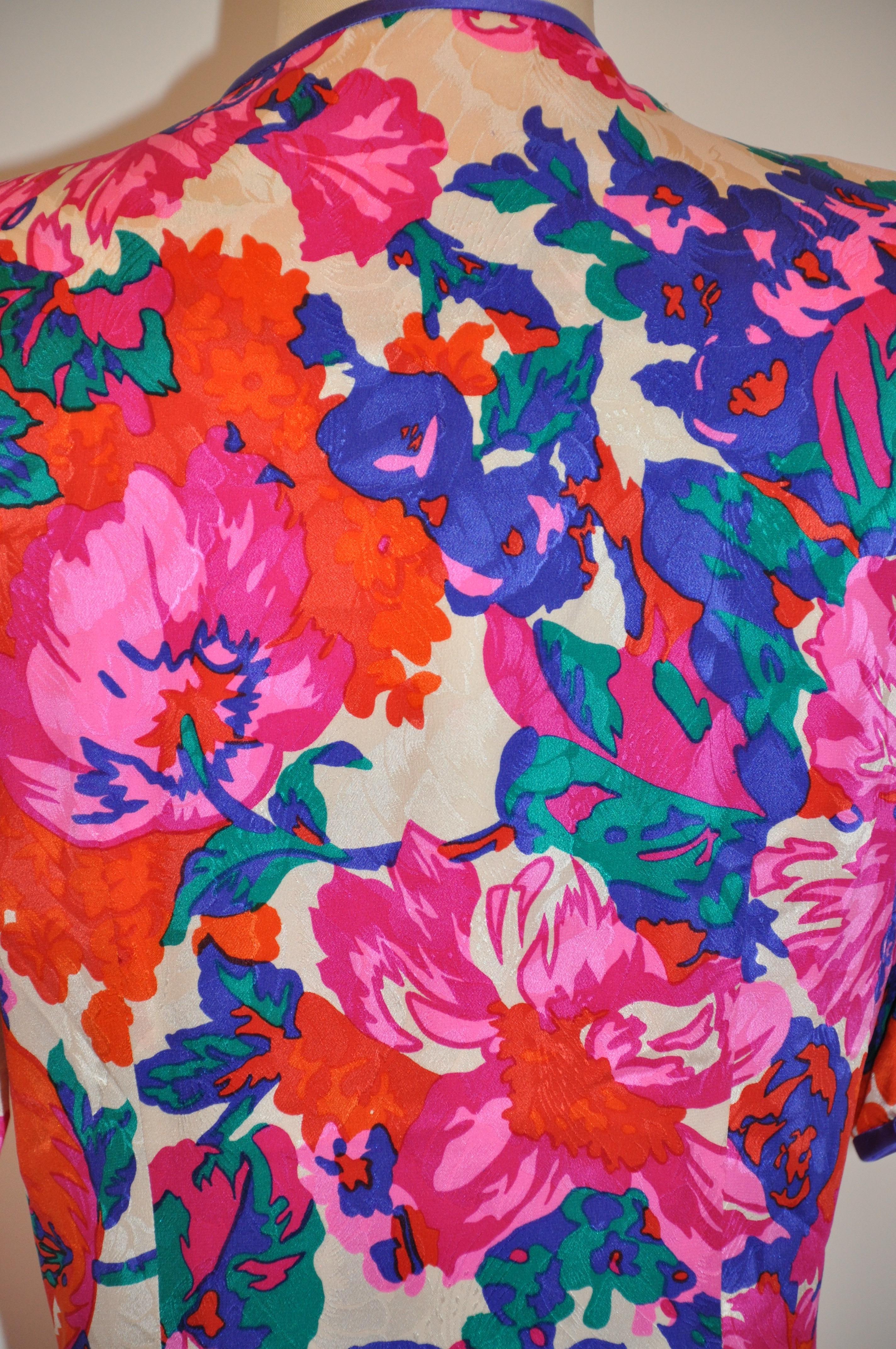 Flora Kung Wonderful Multicolor Silk Floral Short-Sleeve Button-Front Dress In Good Condition In New York, NY