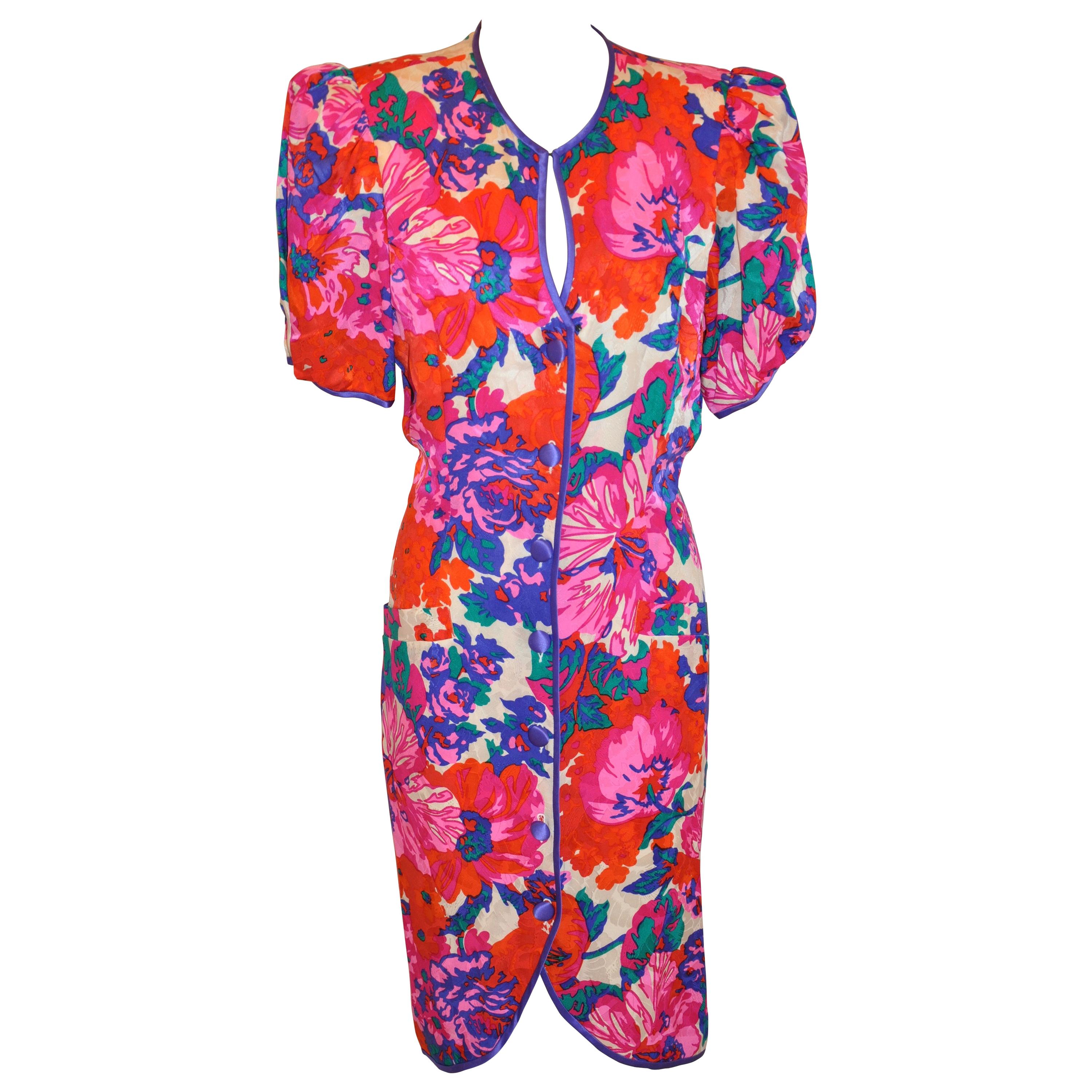 Flora Kung Wonderful Multicolor Silk Floral Short-Sleeve Button-Front Dress