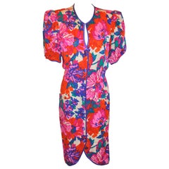 Retro Flora Kung Wonderful Multicolor Silk Floral Short-Sleeve Button-Front Dress