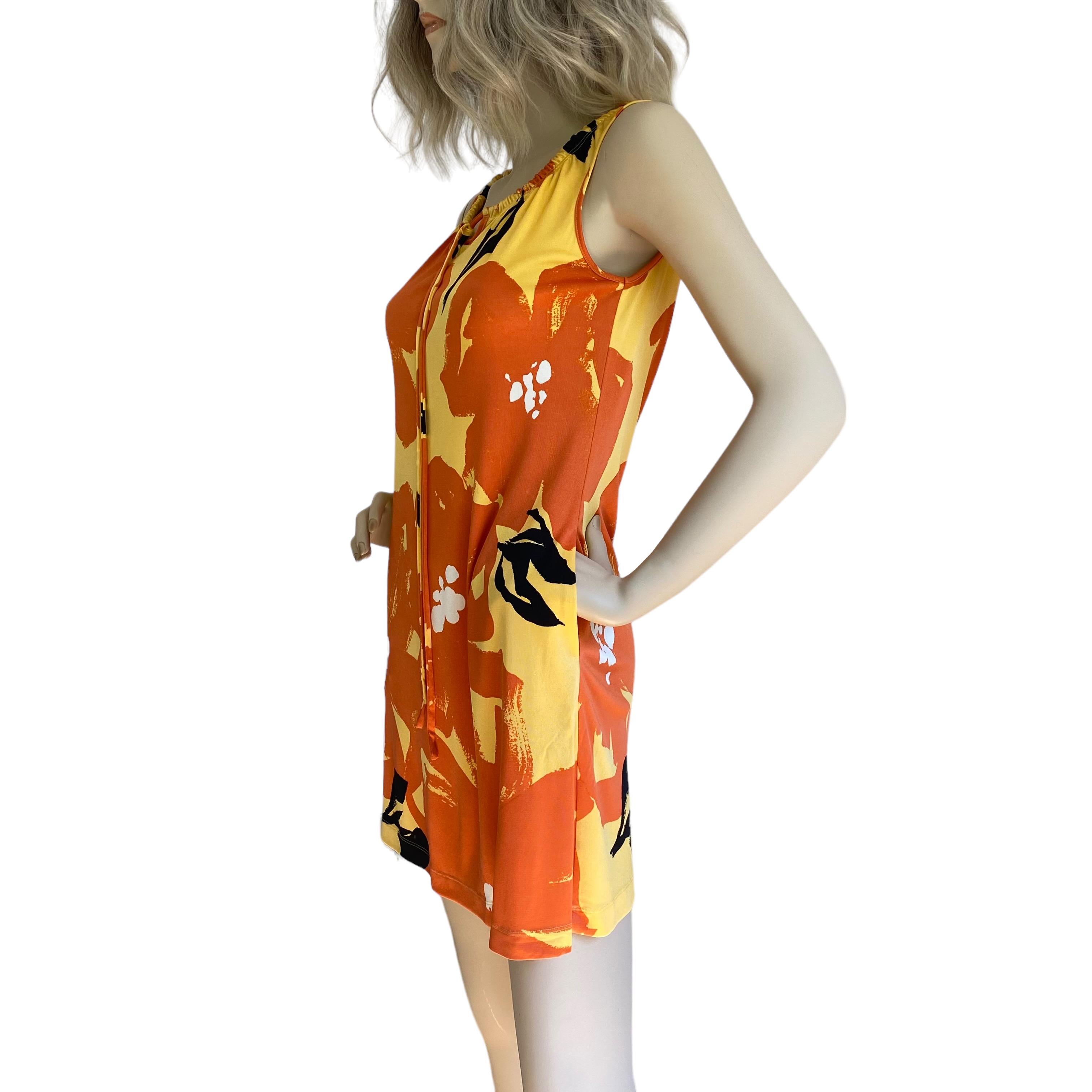 Women's Flora Kung Yellow Floral print Silk Jersey Mini sac dress with POCKETS  For Sale