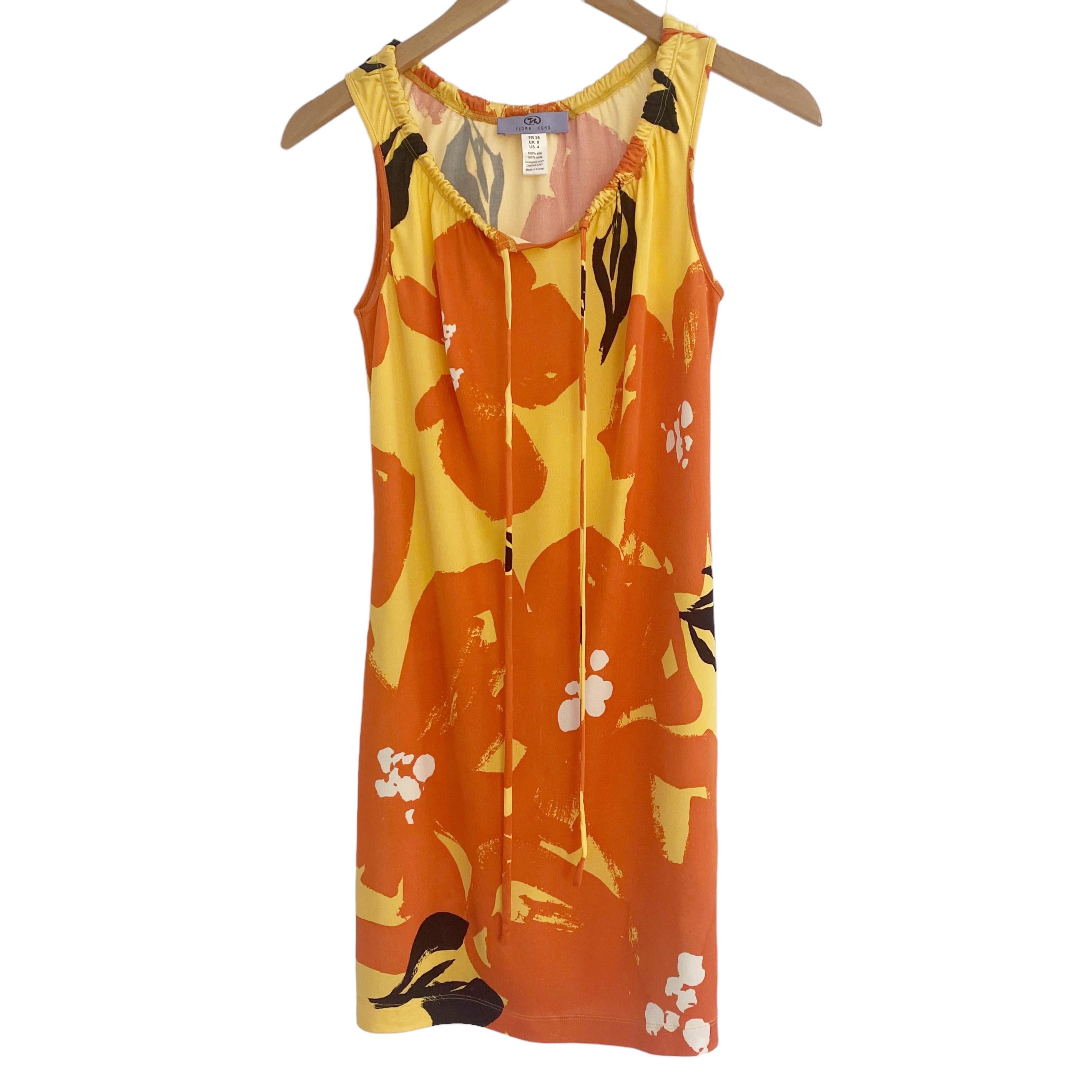 Flora Kung Yellow Floral print Silk Jersey Mini sac dress with POCKETS  For Sale 2
