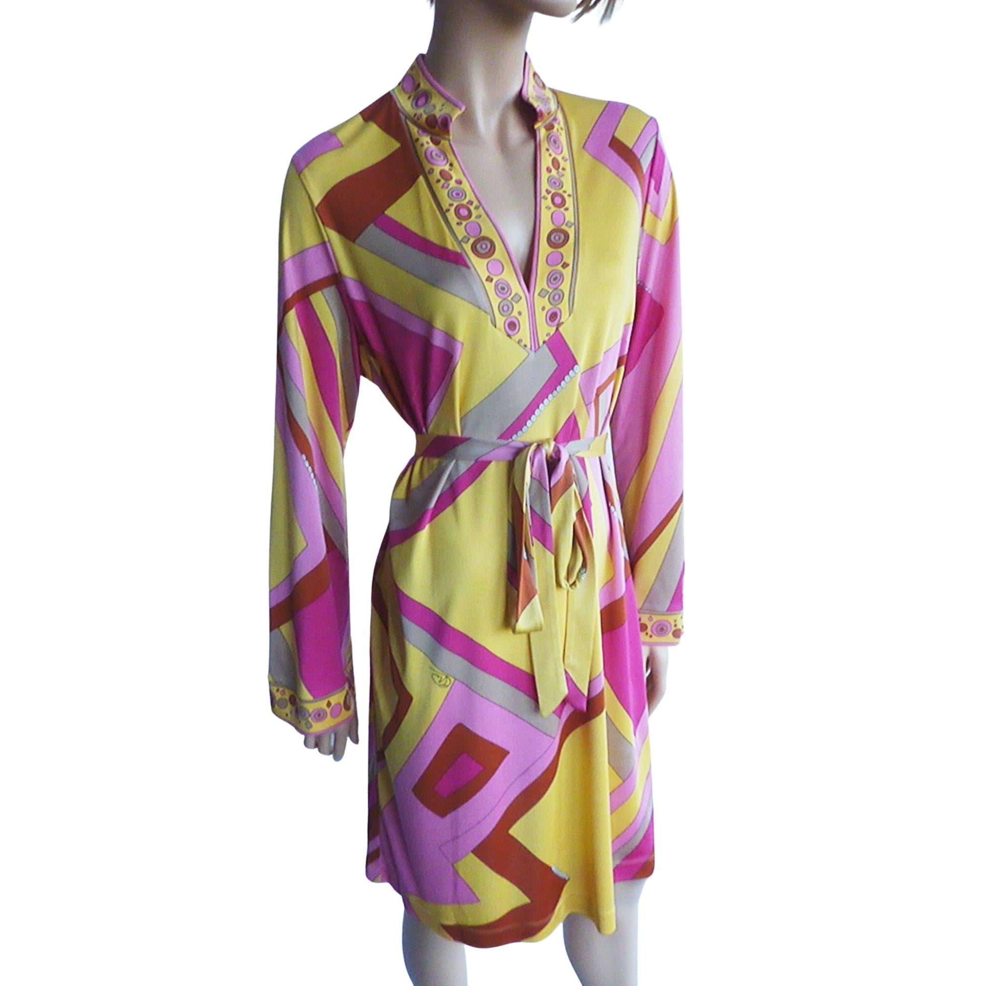 Brown FLORA KUNG Yellow Pink Deco Print Split Collar Silk Tunic Dress - NWT For Sale