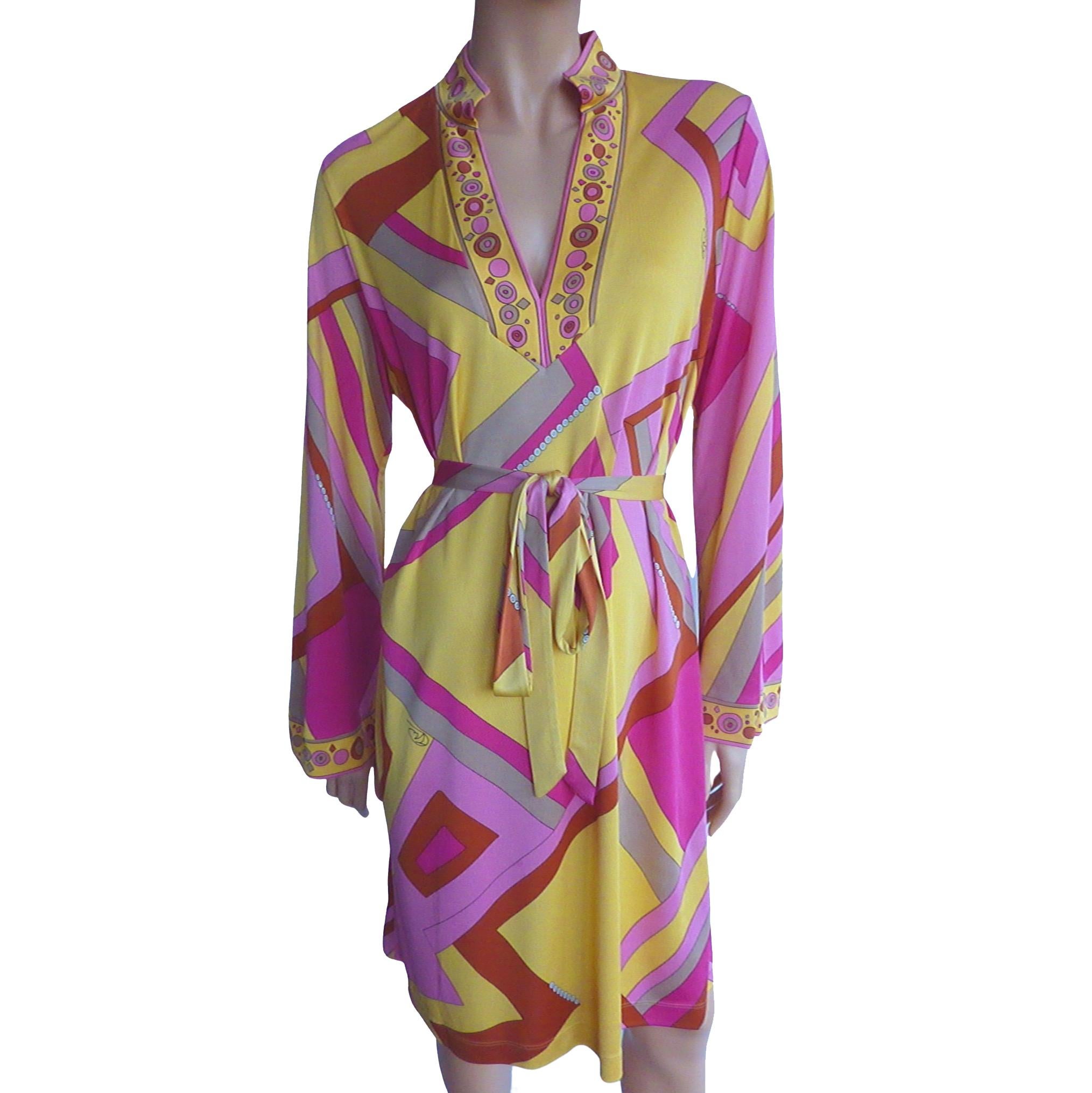 Women's FLORA KUNG Yellow Pink Deco Print Split Collar Silk Tunic Dress - NWT For Sale