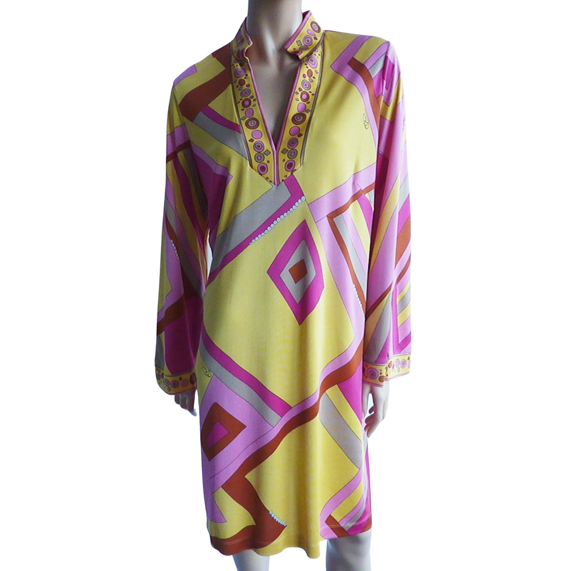 FLORA KUNG Yellow Pink Deco Print Split Collar Silk Tunic Dress - NWT In New Condition For Sale In Boston, MA