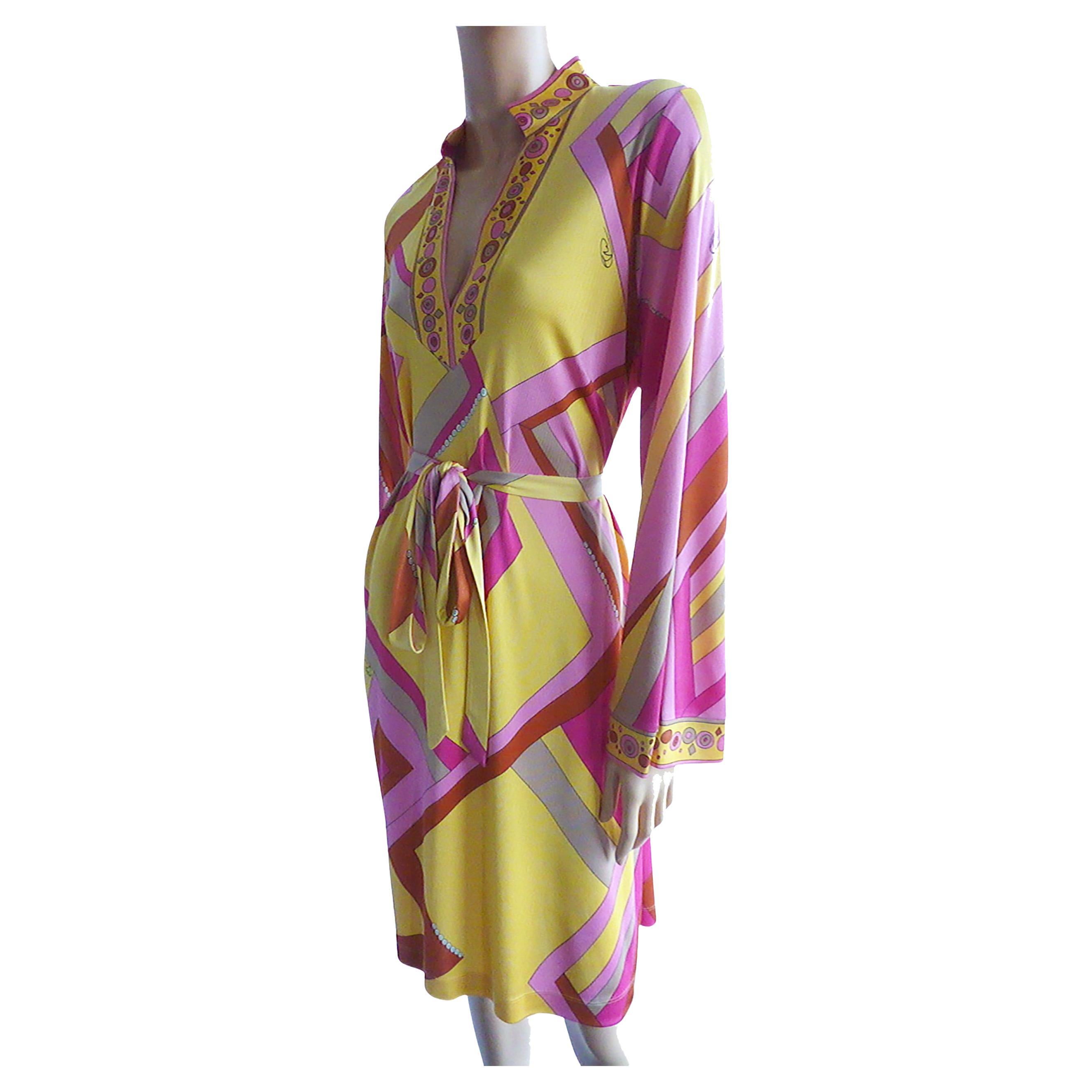 FLORA KUNG Yellow Pink Deco Print Split Collar Silk Tunic Dress - NWT For Sale