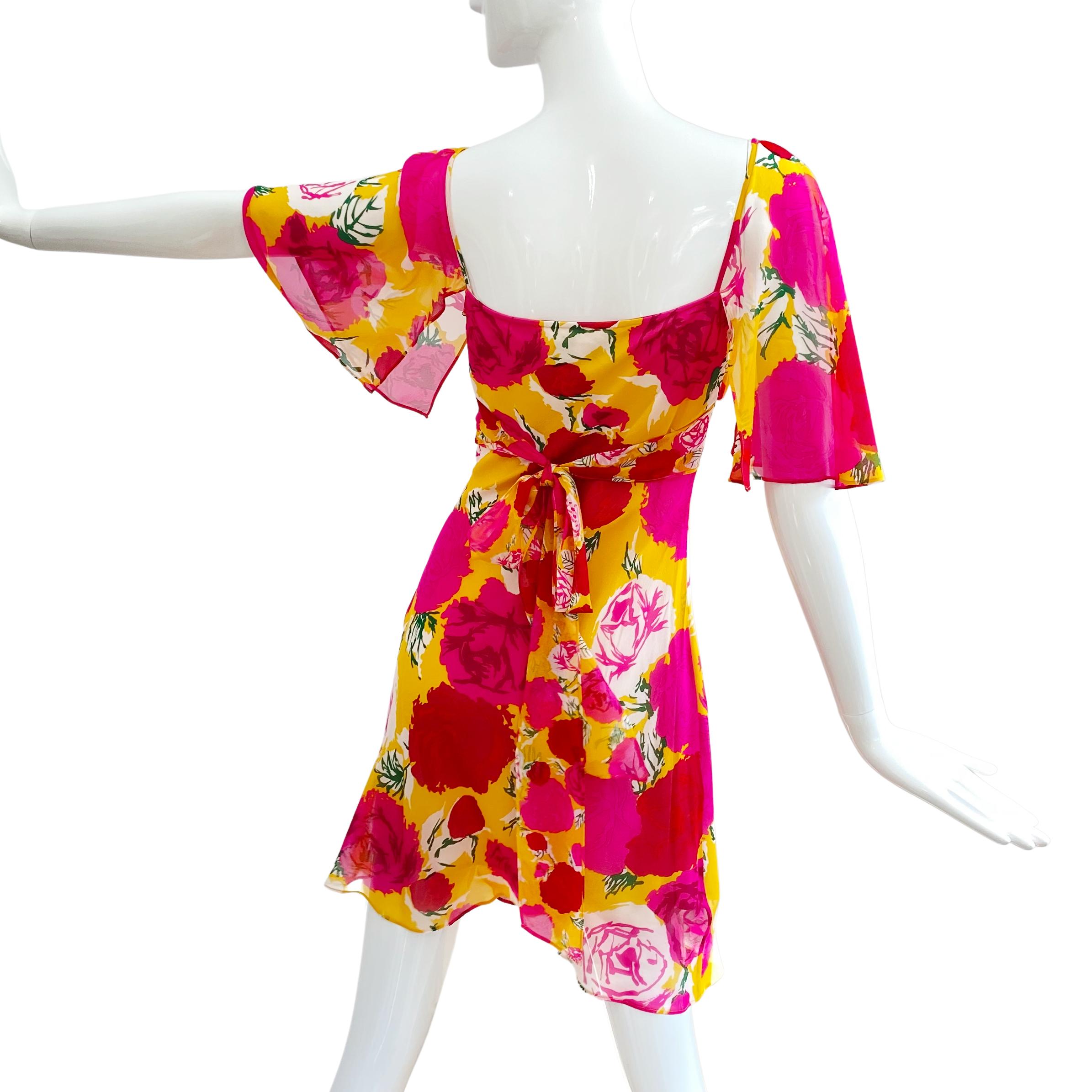 Beige Flora Kung Yellow Pink Mix Climbing Rose Print Silk Georgette Mini Dress NWT For Sale