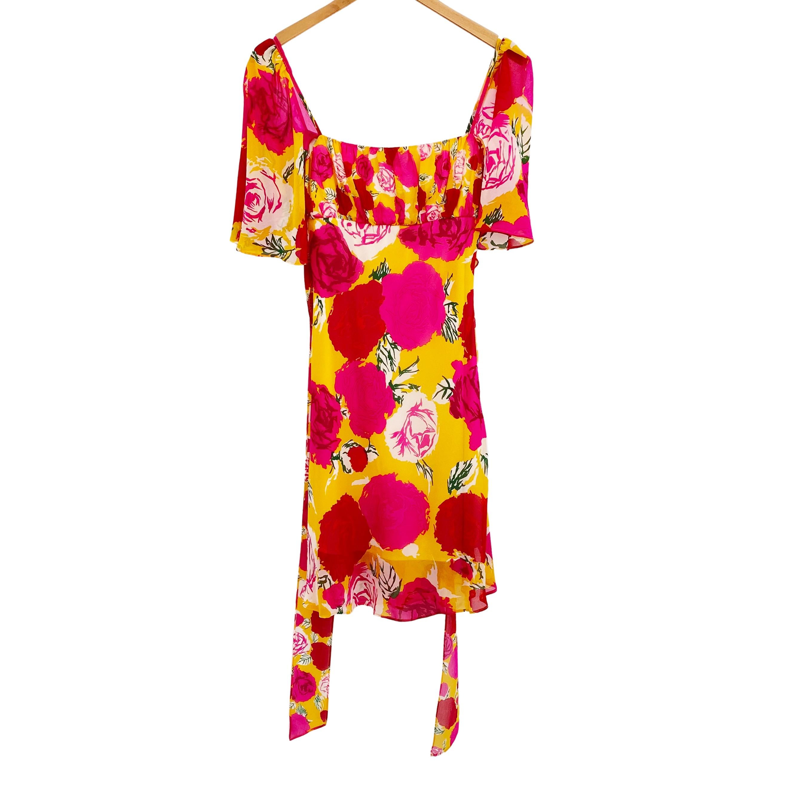 Flora Kung Yellow Pink Mix Climbing Rose Print Silk Georgette Mini Dress NWT In New Condition For Sale In Boston, MA