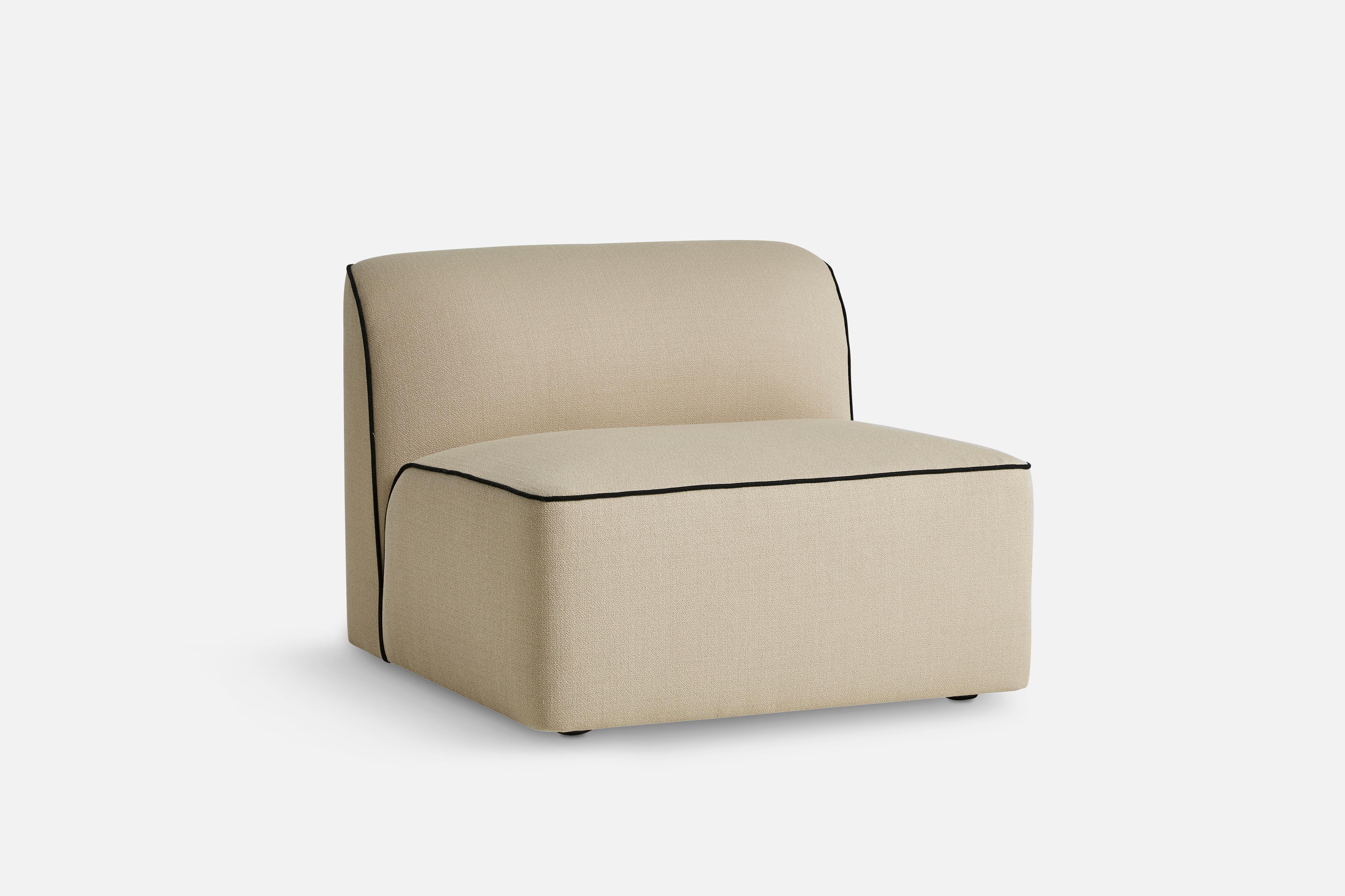 Flora middle module 90 by Yonoh
Materials: Plywood, Foam, Webbing, Wood, fabric (Kvadrat Vidar 0323)
Dimensions: D 90 x W 90 x H 70 cm
Also available in different colours and materials. 

The founders, Mia and Torben Koed, decided to put their
