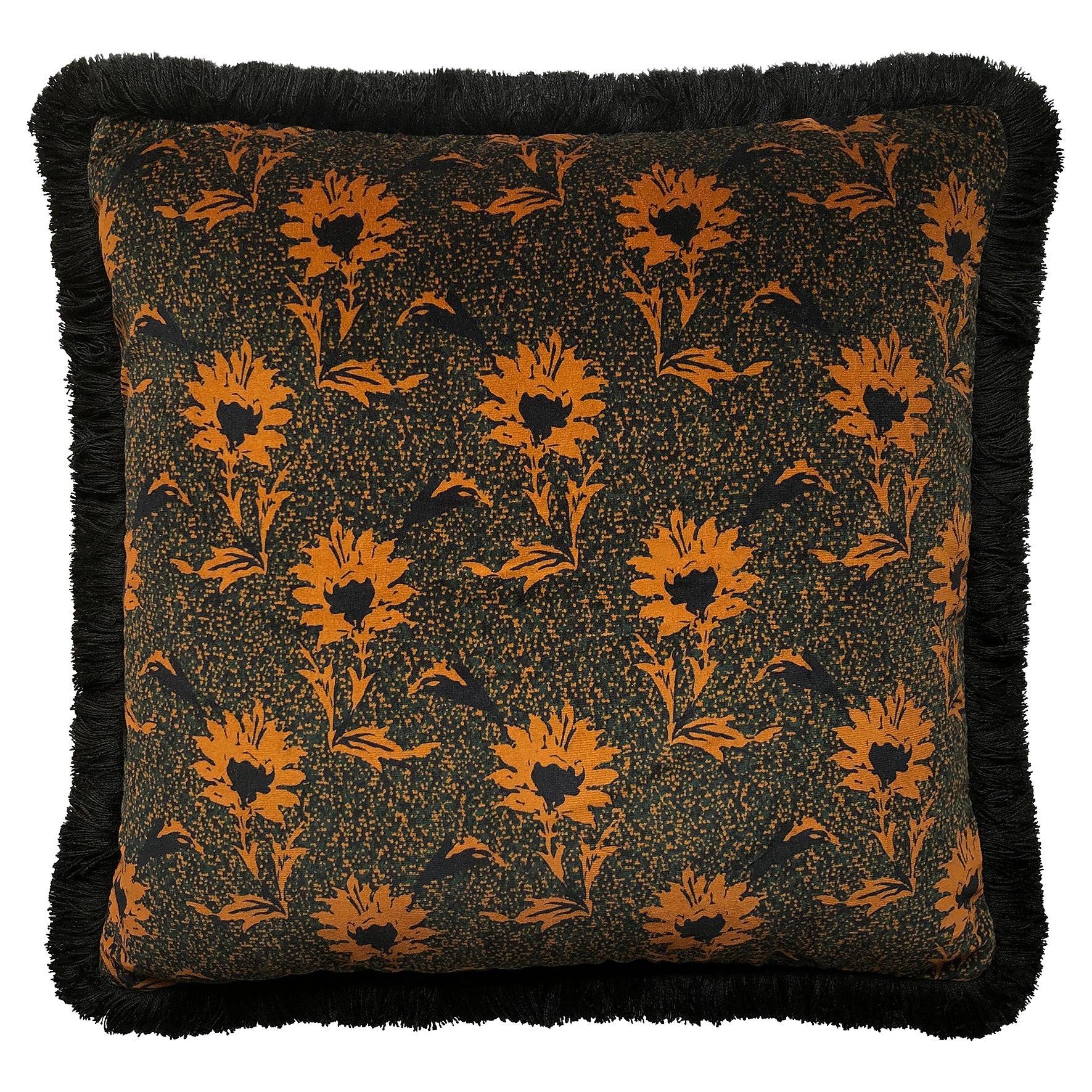 Flora Flower Ochre Fringe Velvet Cushion