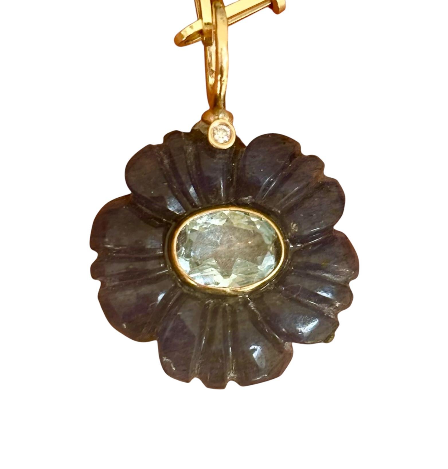 Contemporary FLORA PENDANT, Blue Aventurine, Blue Topaz, Diamond & 14k Gold For Sale