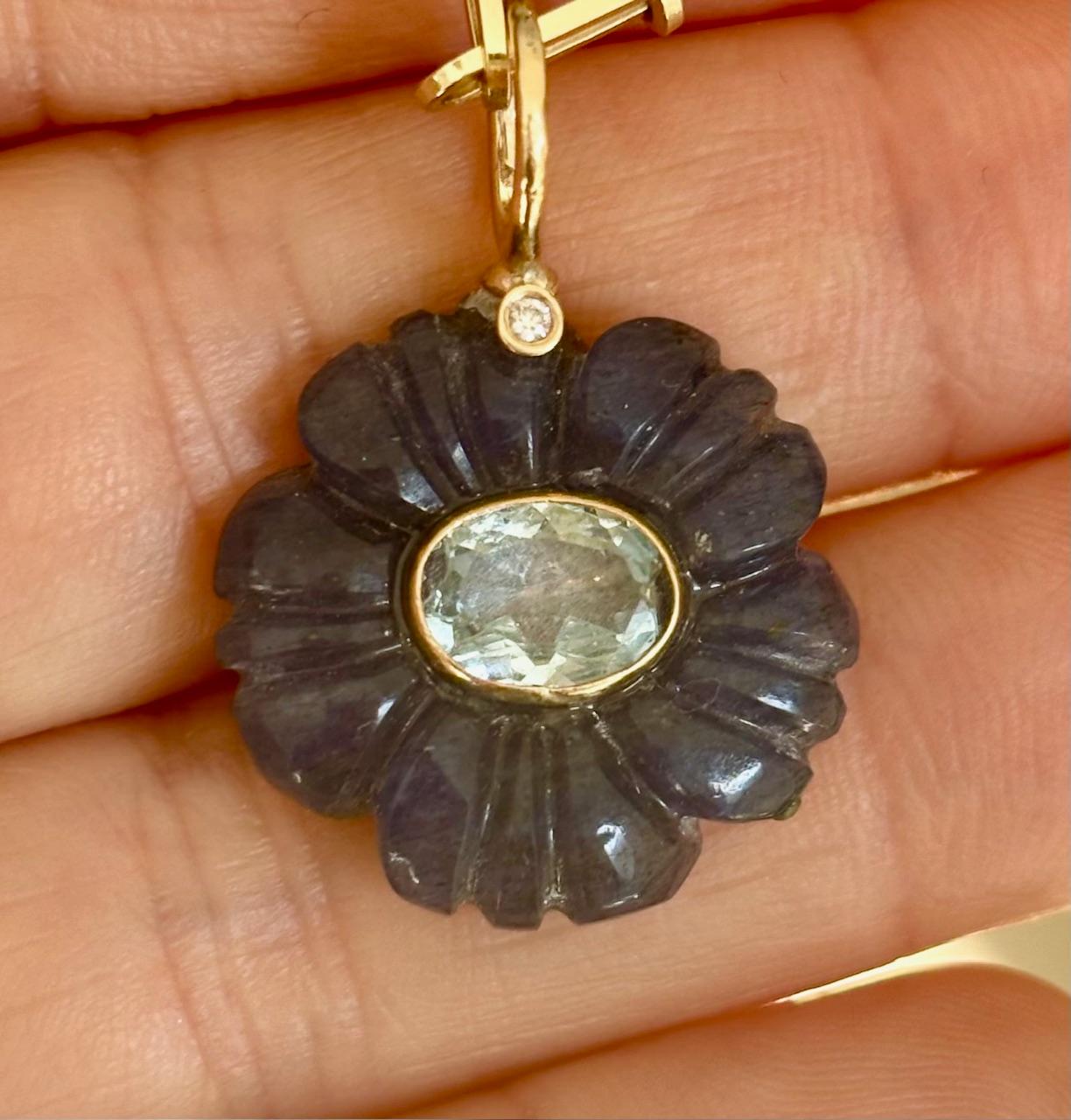 Brilliant Cut FLORA PENDANT, Blue Aventurine, Blue Topaz, Diamond & 14k Gold For Sale
