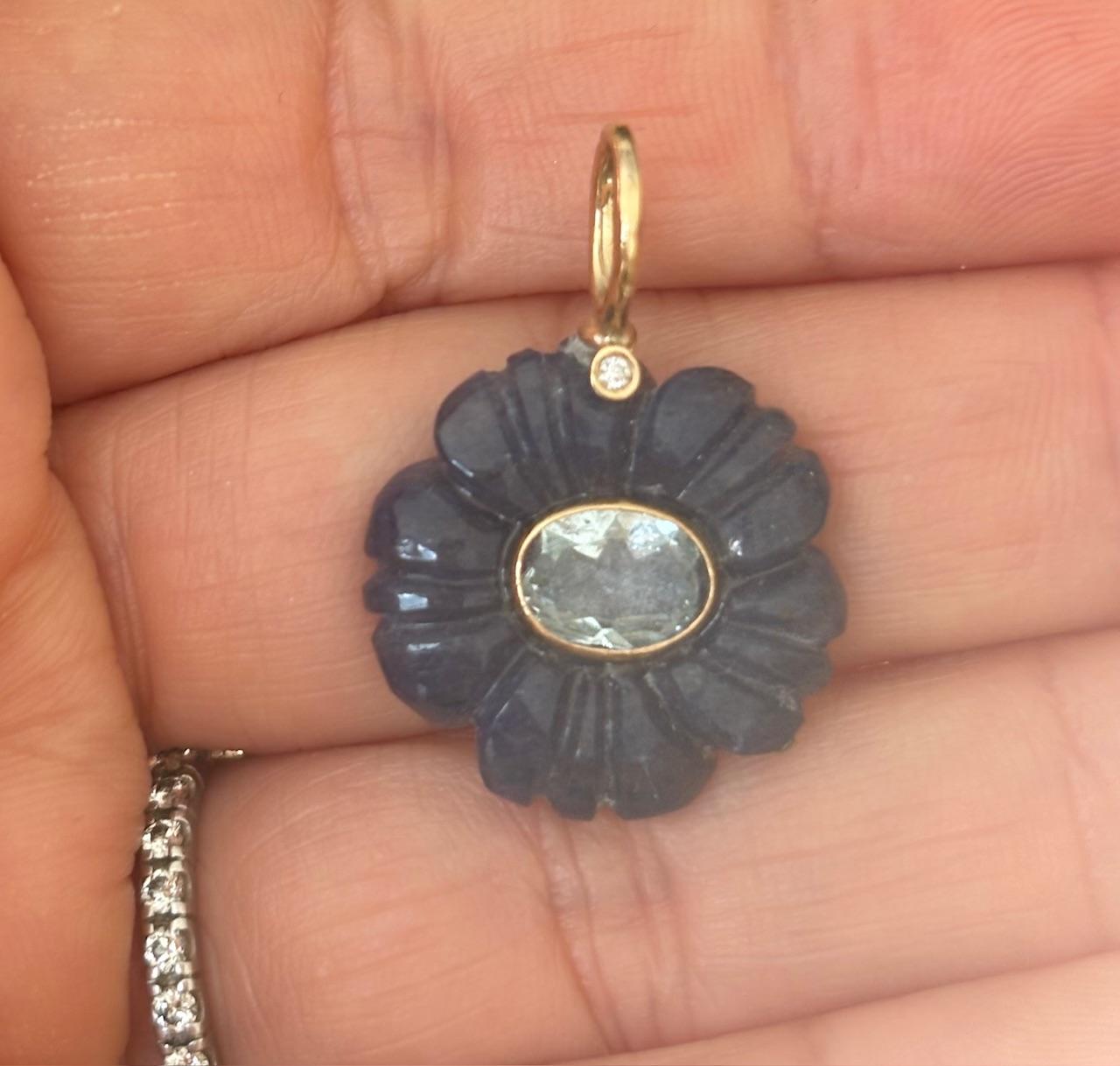 FLORA PENDANT, Blue Aventurine, Blue Topaz, Diamond & 14k Gold For Sale 1
