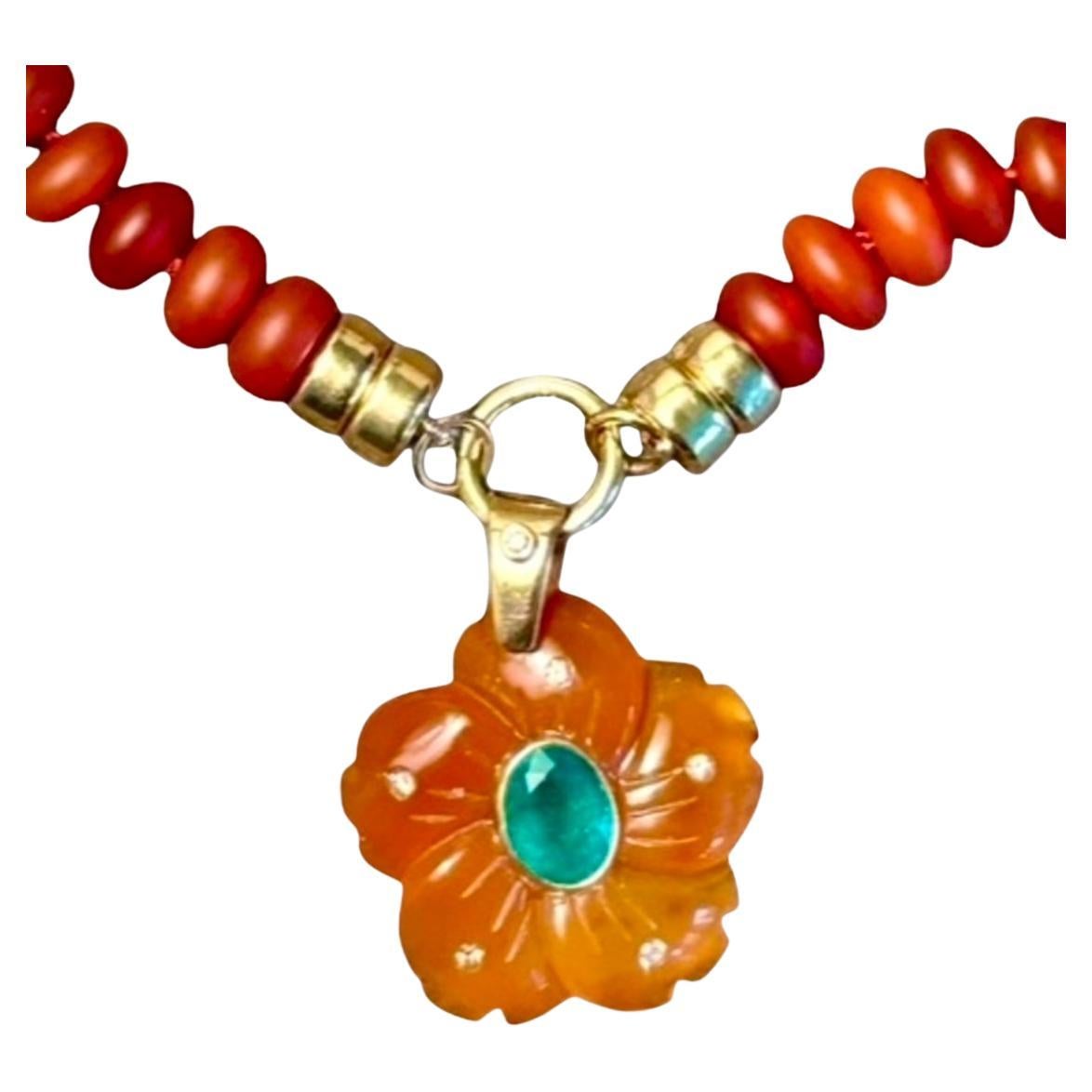 Ciondolo FLORA, corniola, smeraldo, diamanti e oro 14k