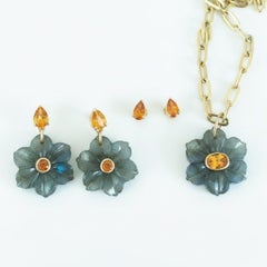 FLORA Pendant, Labradorite Flower with Mandarin Garnet & 14k Gold