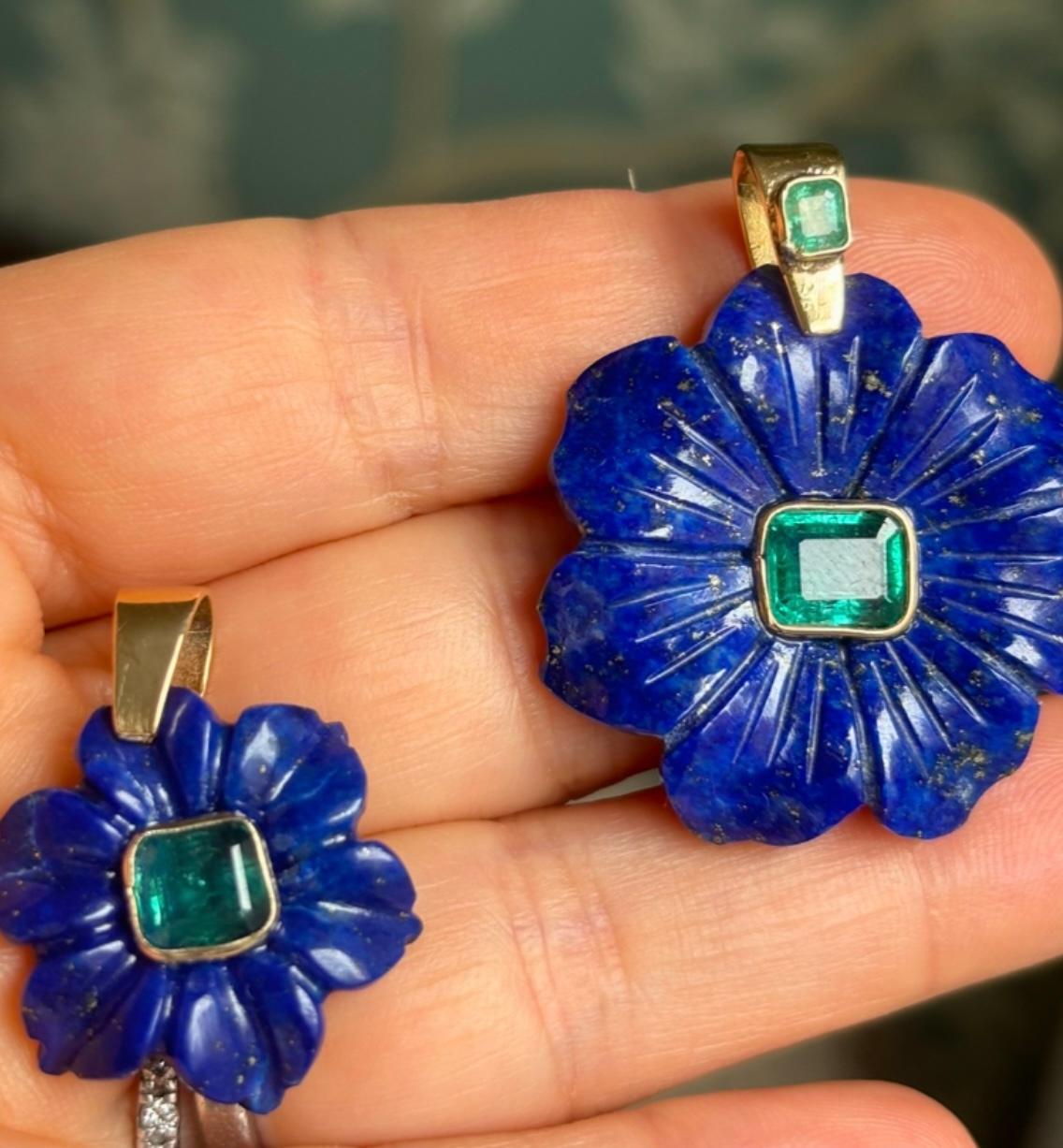 FLORA Anhänger, Lapislazuli, Smaragde und 14k Gold im Angebot 5