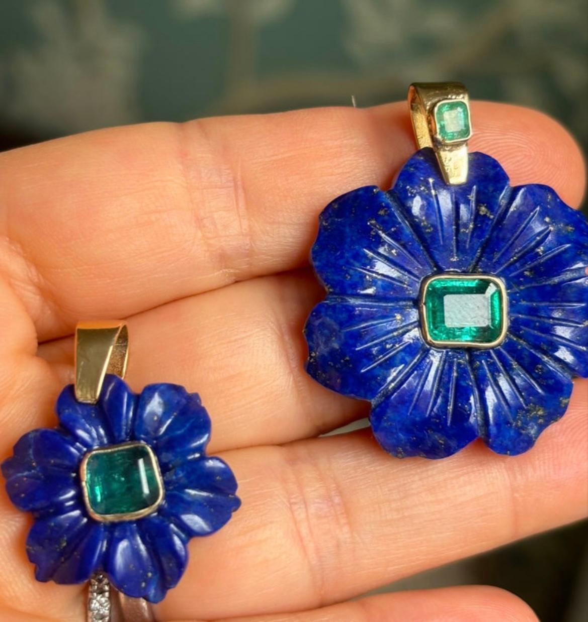 da uomo o donna Ciondolo FLORA, lapis, smeraldi e oro 14k in vendita