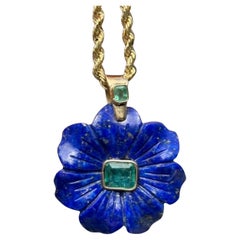 FLORA Pendentif, lapis, émeraudes et or 14k