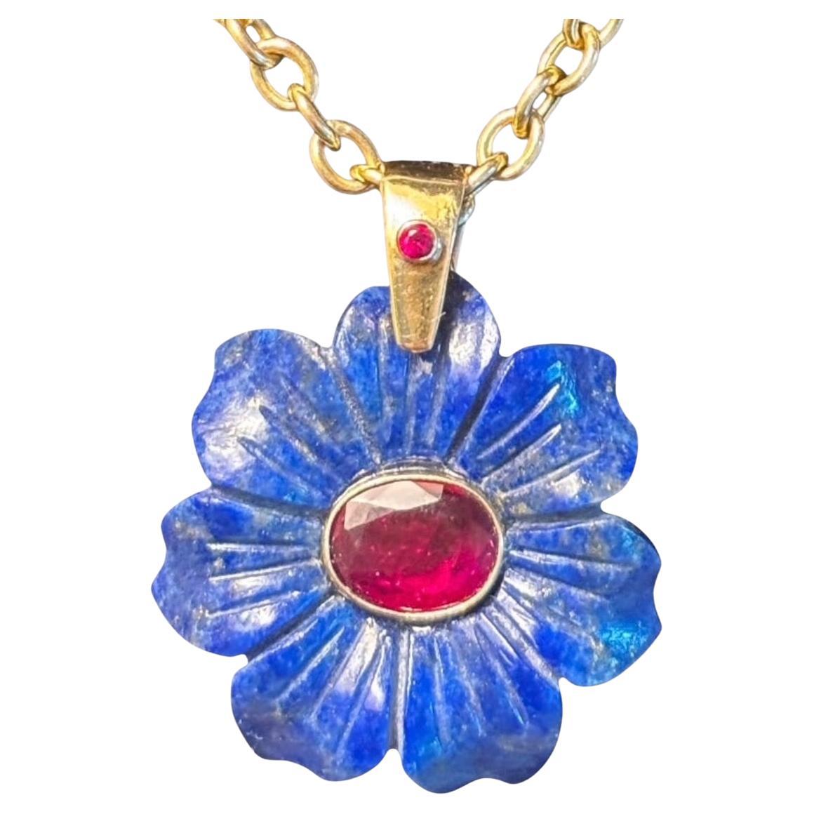 FLORA Pendant, lapis, rubies and 14k gold