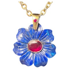 Pendentif FLORA, lapis, rubis et or 14k