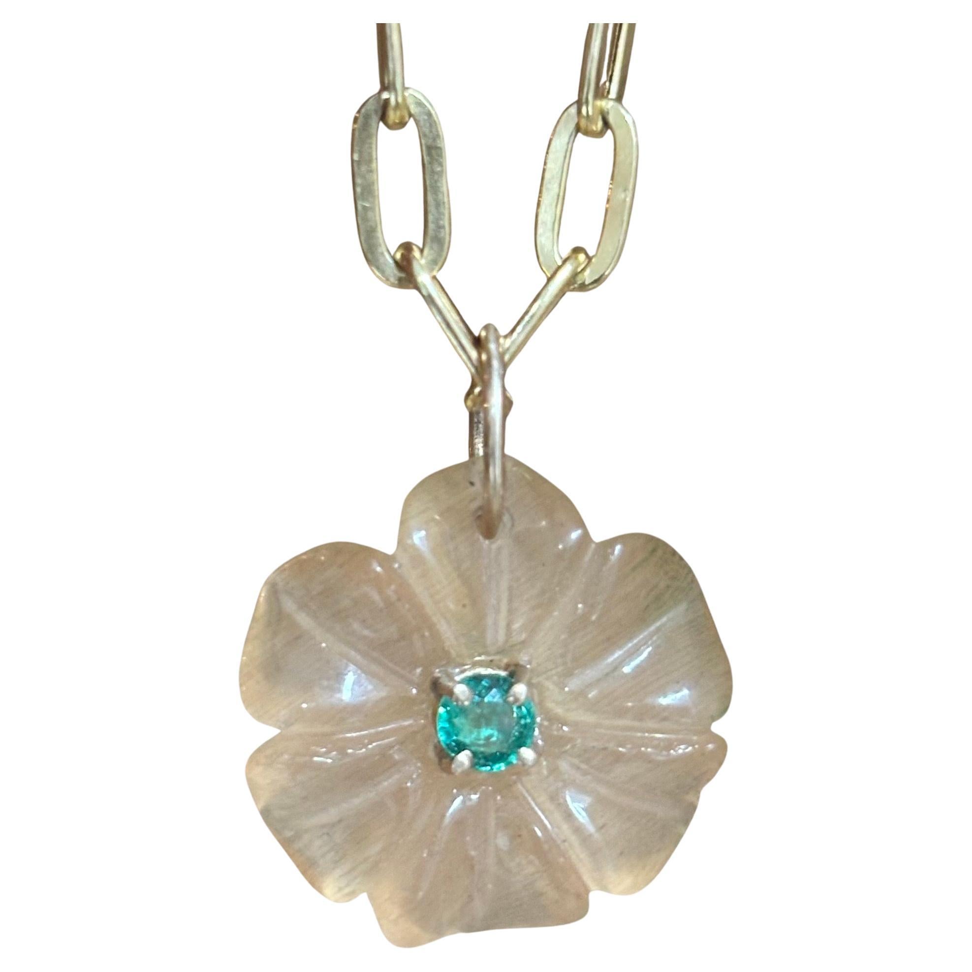 FLORA Pendant, Peach Moonstone with Emerald & 14k Gold