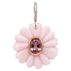 FLORA Pendant: Pink Opal Flower with Pink Tourmaline and Diamonds, 14k Gold
