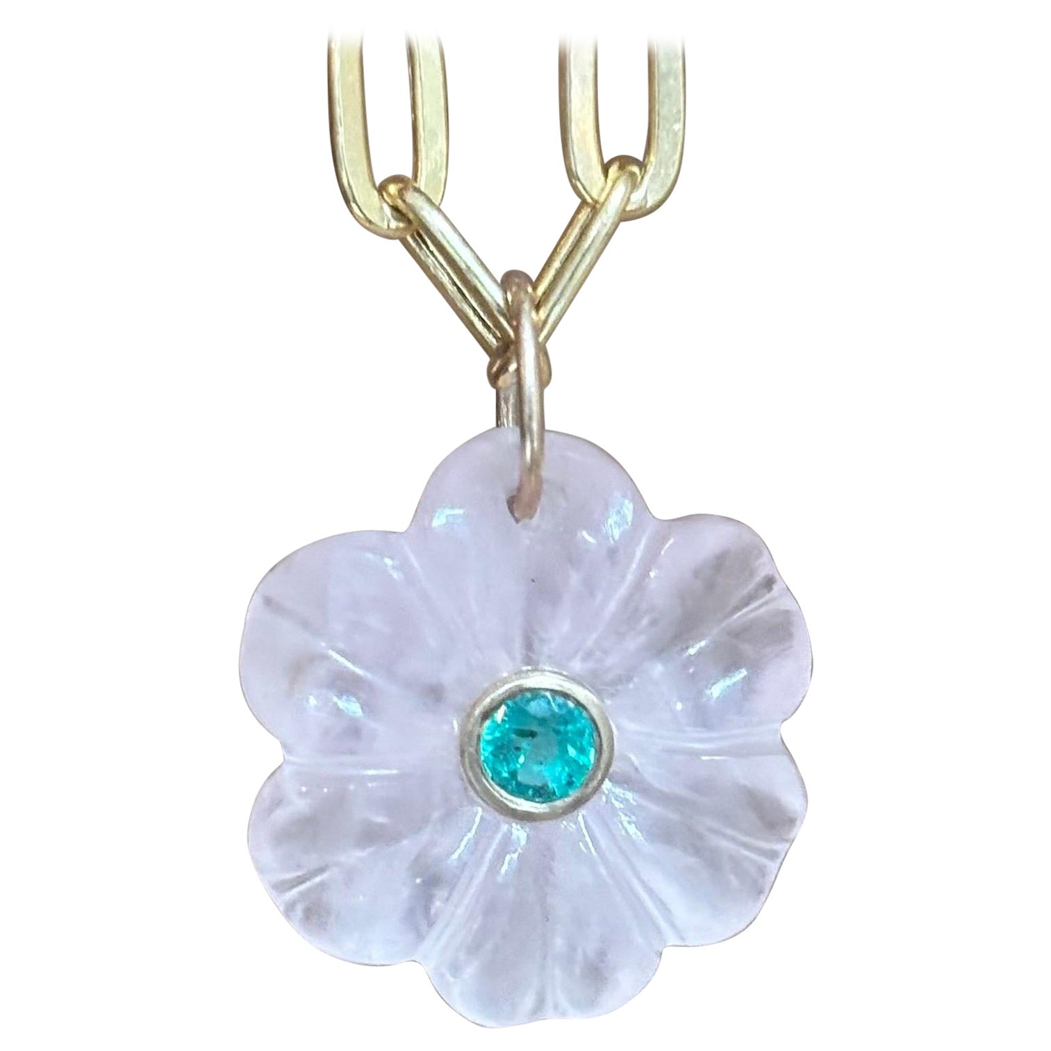 Ciondolo FLORA, quarzo rosa con smeraldo e oro 14k