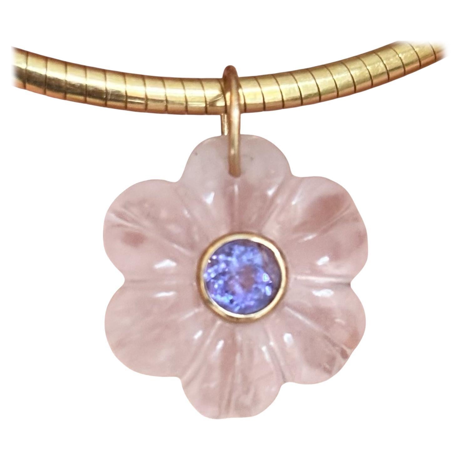 Ciondolo FLORA, quarzo rosa con tanzanite e oro 14k