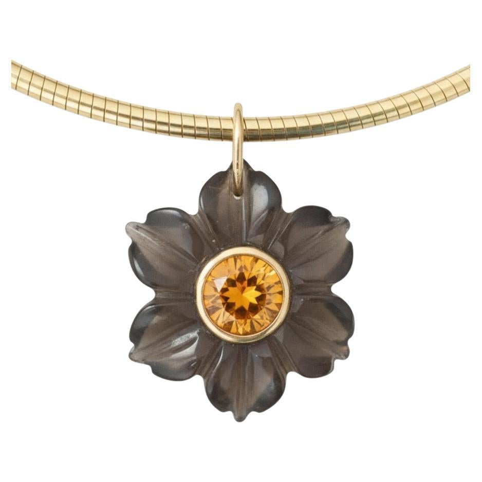 FLORA Pendant : Smoky Topaz Flower with Citrine 
14k Gold
