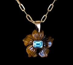 14k Gold Tiger Eye Flower with Sky Blue Topaz Pendant