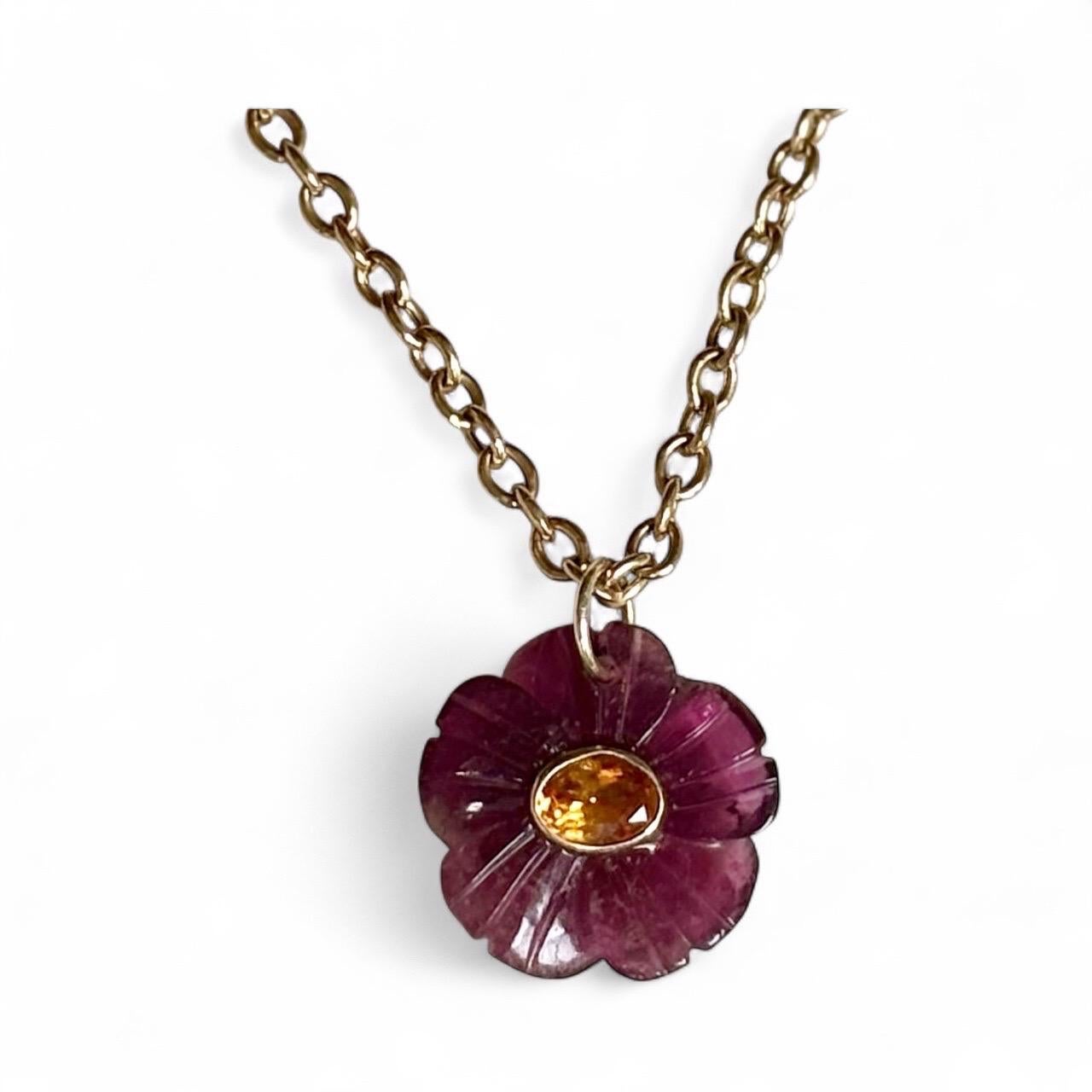 da uomo o donna FLORA Pendant, Tourmaline Flower with Mandarin Garnet & 14k Gold in vendita