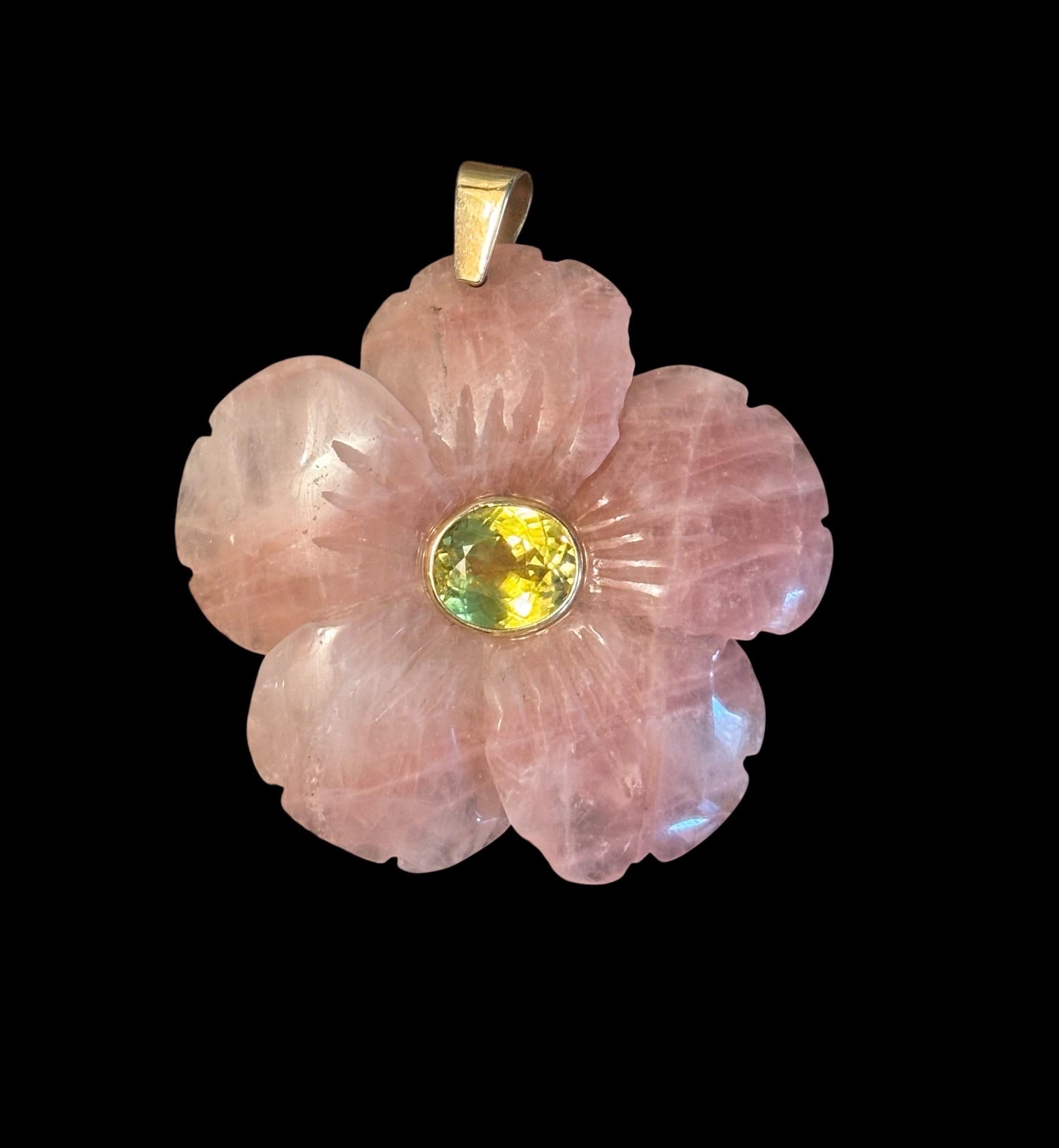 FLORA PENDANT, x-large, Rose Quartz with Citrine & 14k Gold For Sale 5