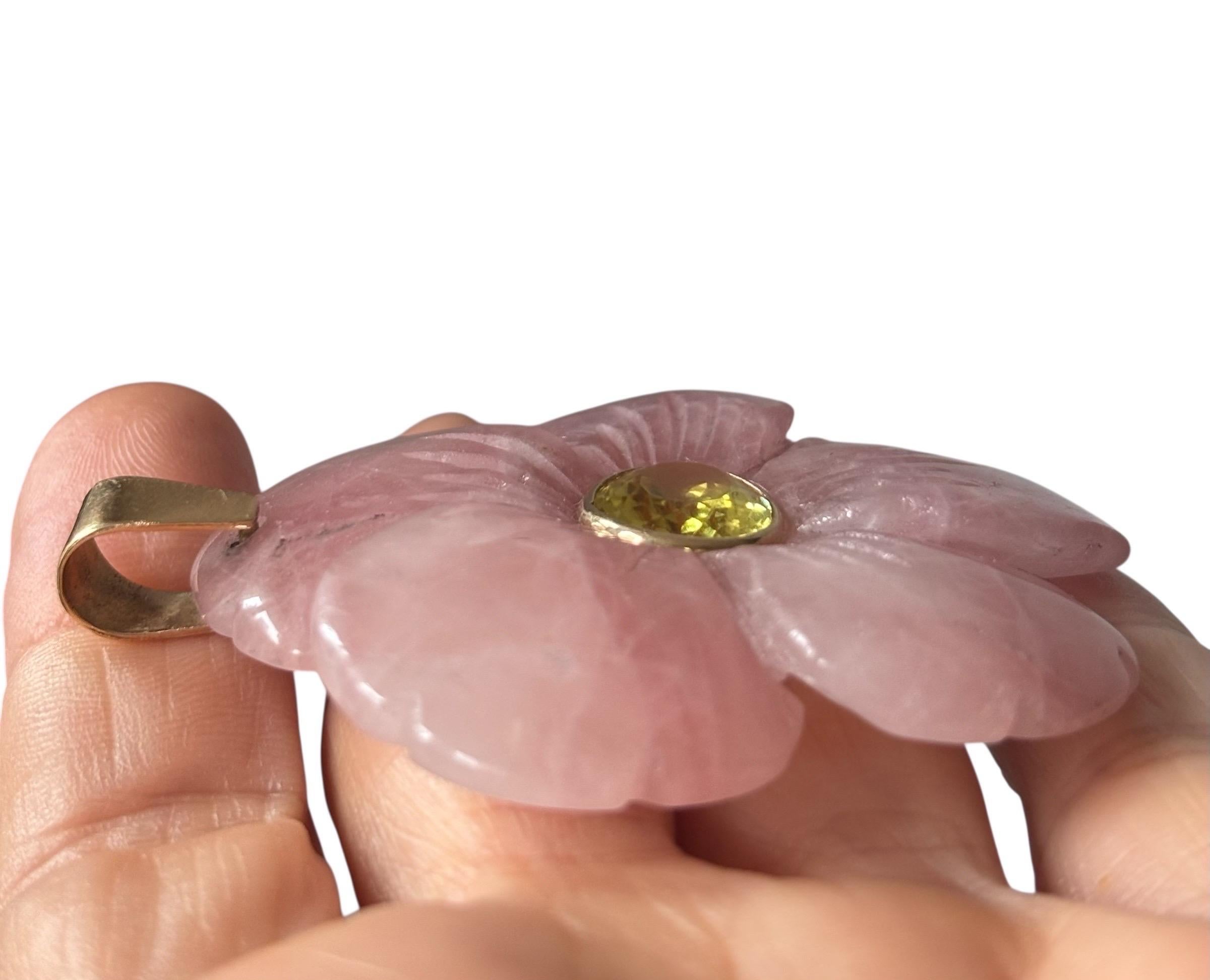 Mixed Cut FLORA PENDANT, x-large, Rose Quartz with Citrine & 14k Gold For Sale