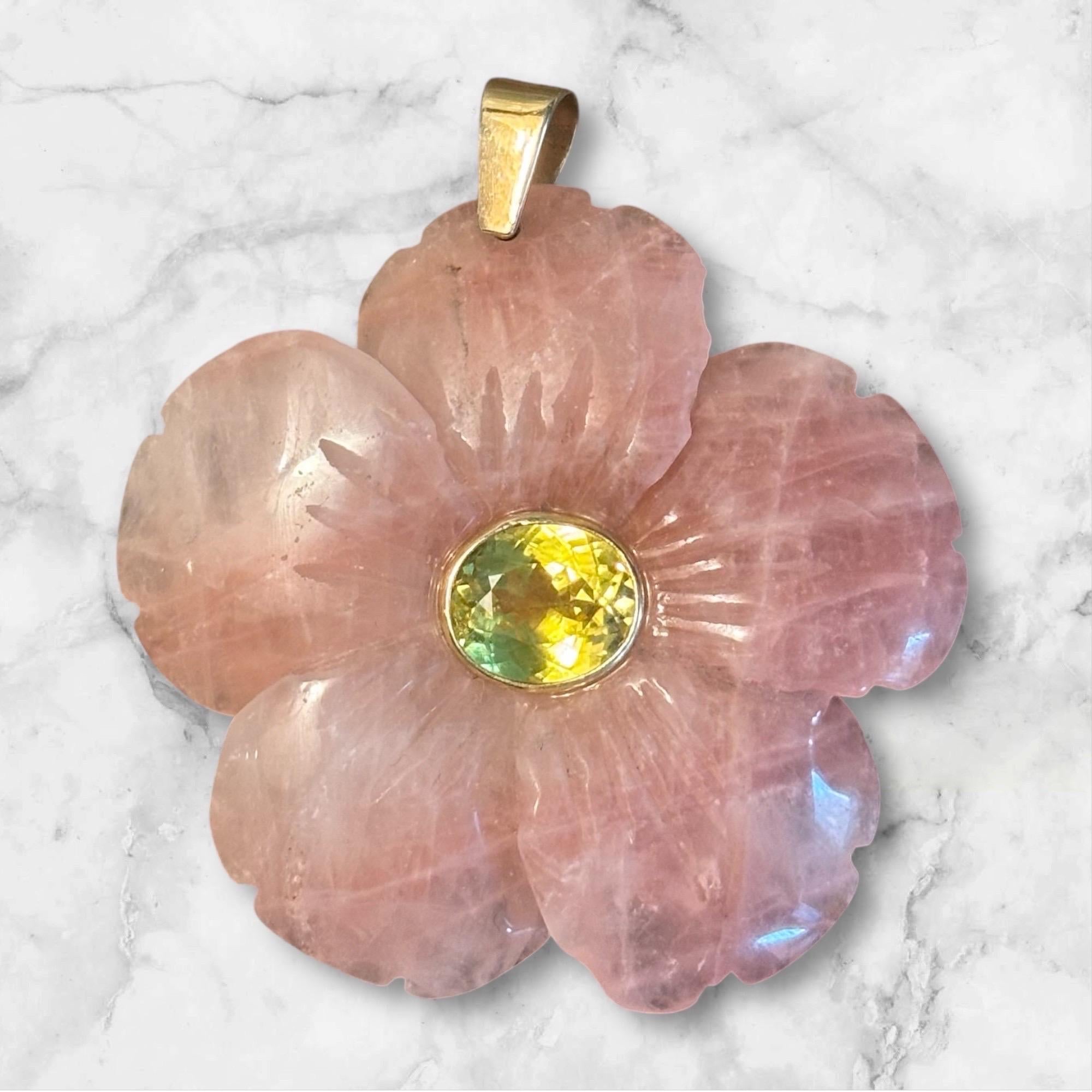 FLORA PENDANT, x-large, Rose Quartz with Citrine & 14k Gold In New Condition For Sale In New York, NY