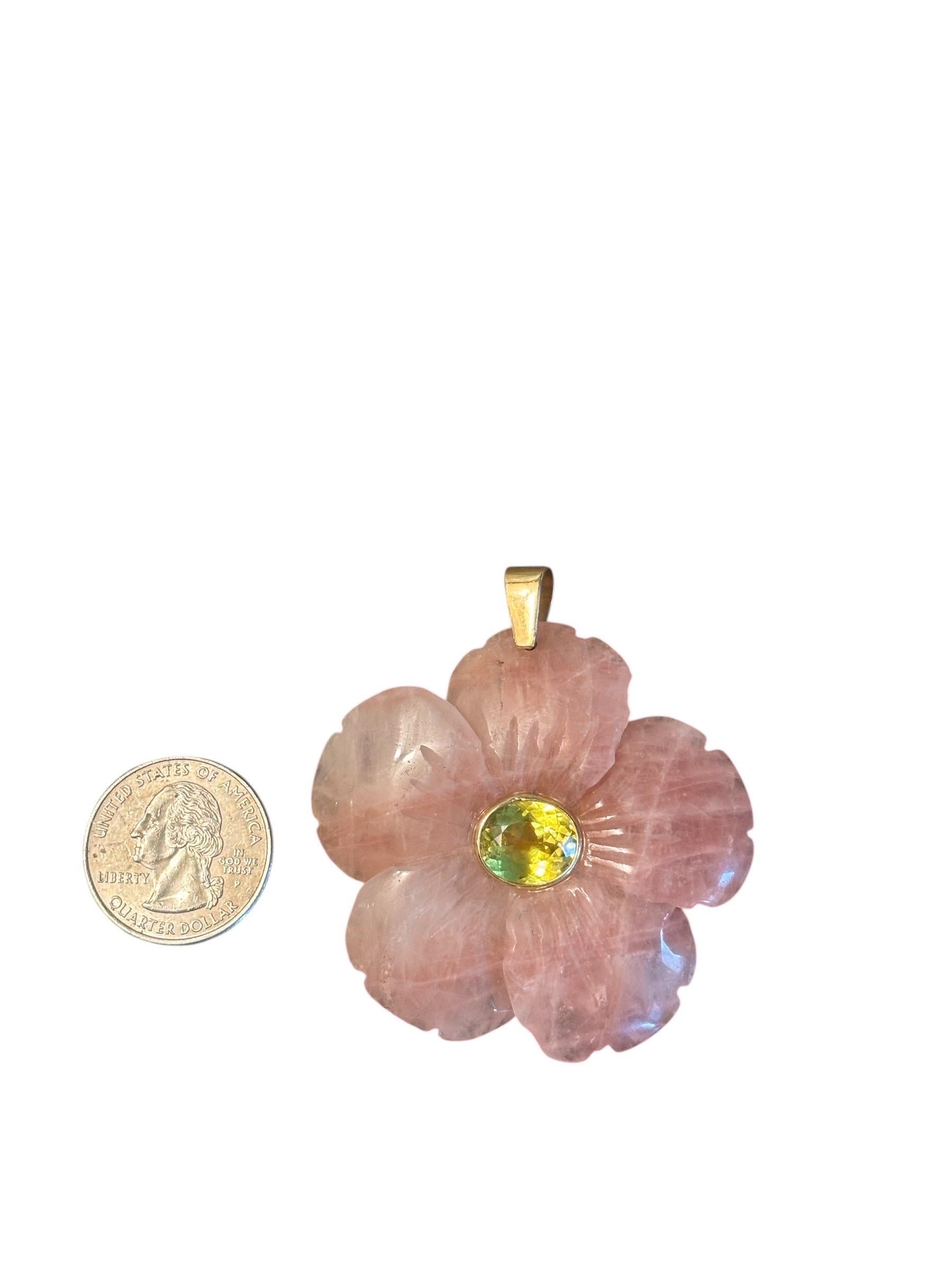 Women's or Men's FLORA PENDANT, x-large, Rose Quartz with Citrine & 14k Gold For Sale